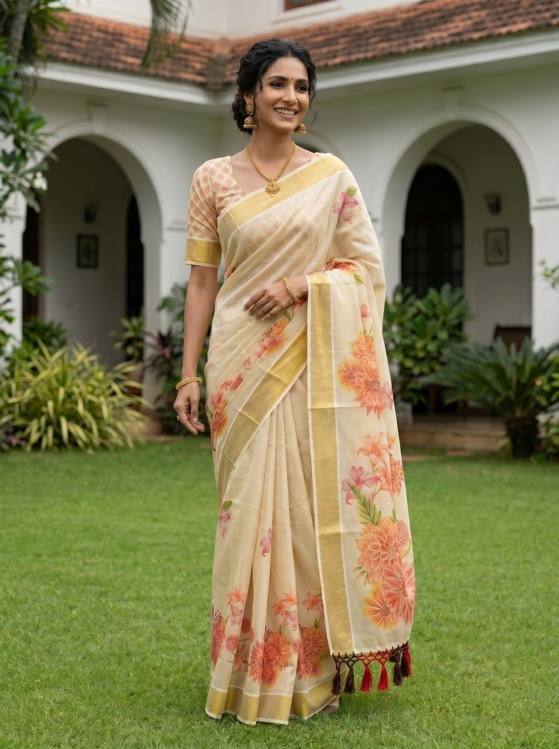 Woman wearing a floral saree in front of a white building with greenery