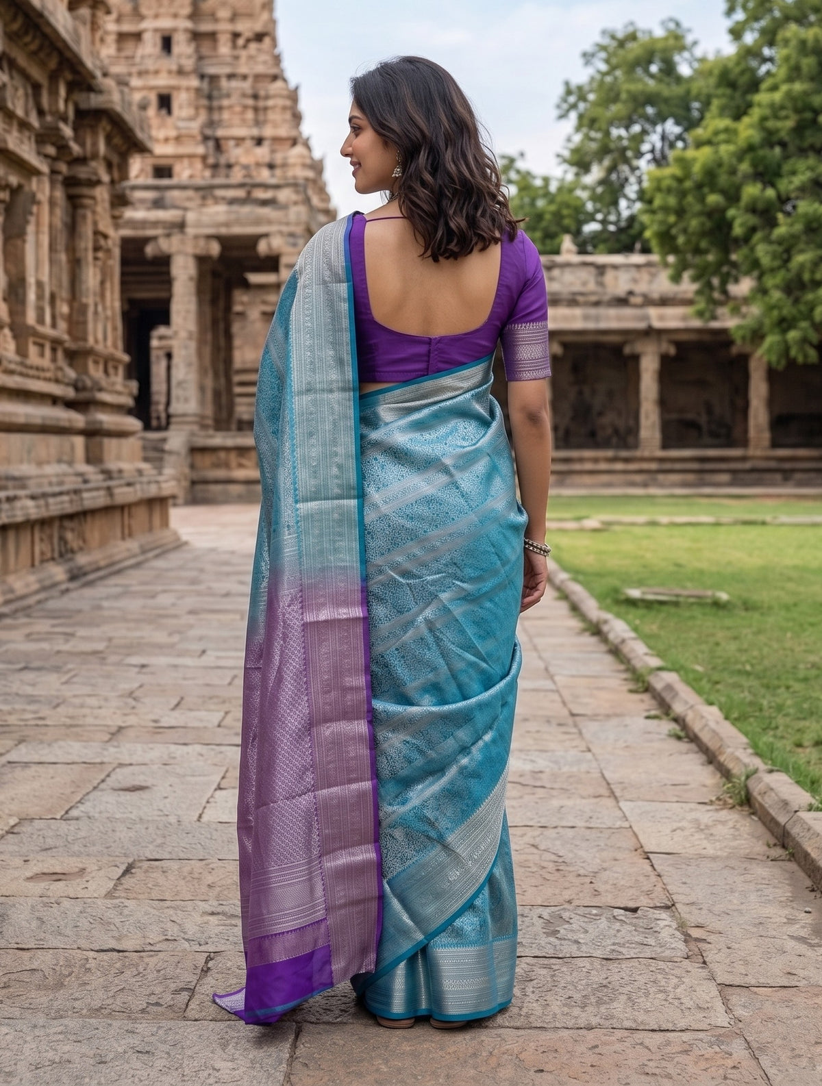 Semi Silk Peacock Blue Saree with Allover Zari Brocade Body and Purple Zari Weave Pallu