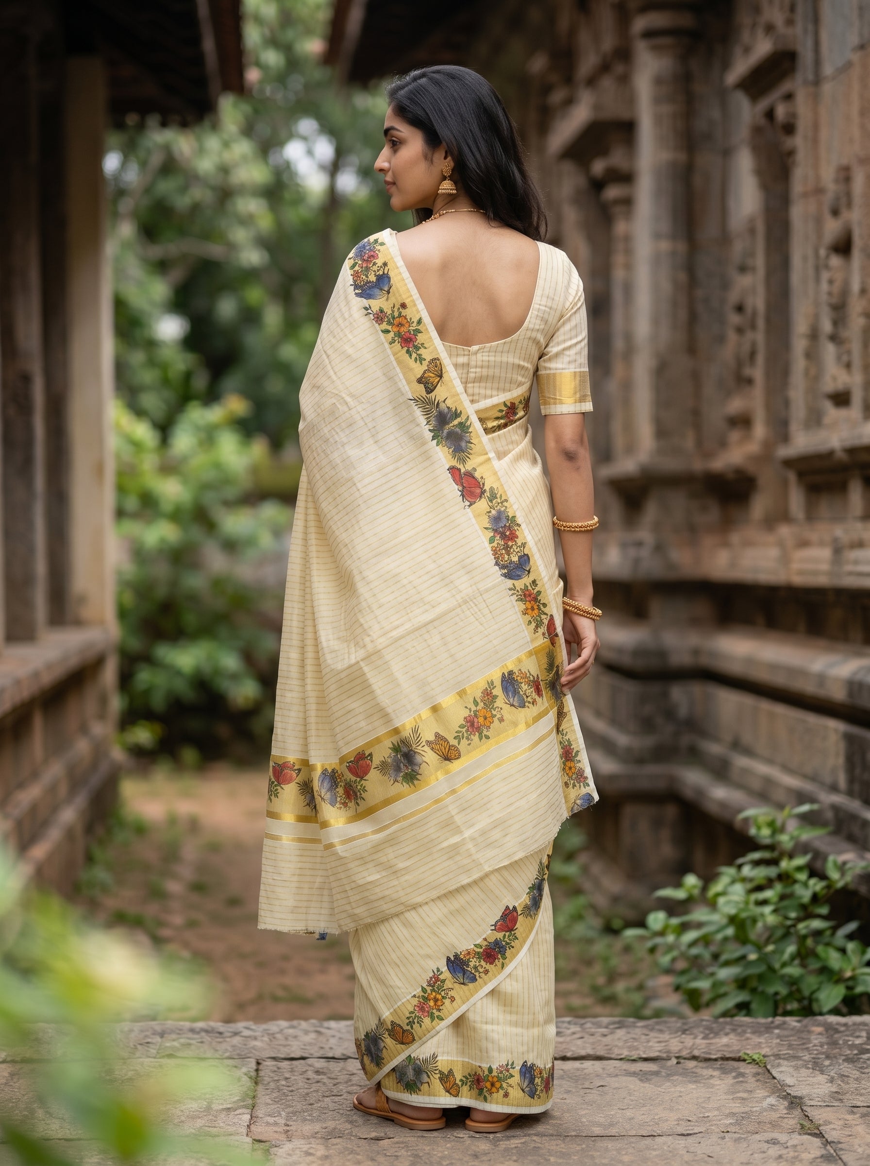 Cotton Cream Striped with Butterfly-Floral Print Border Set Saree