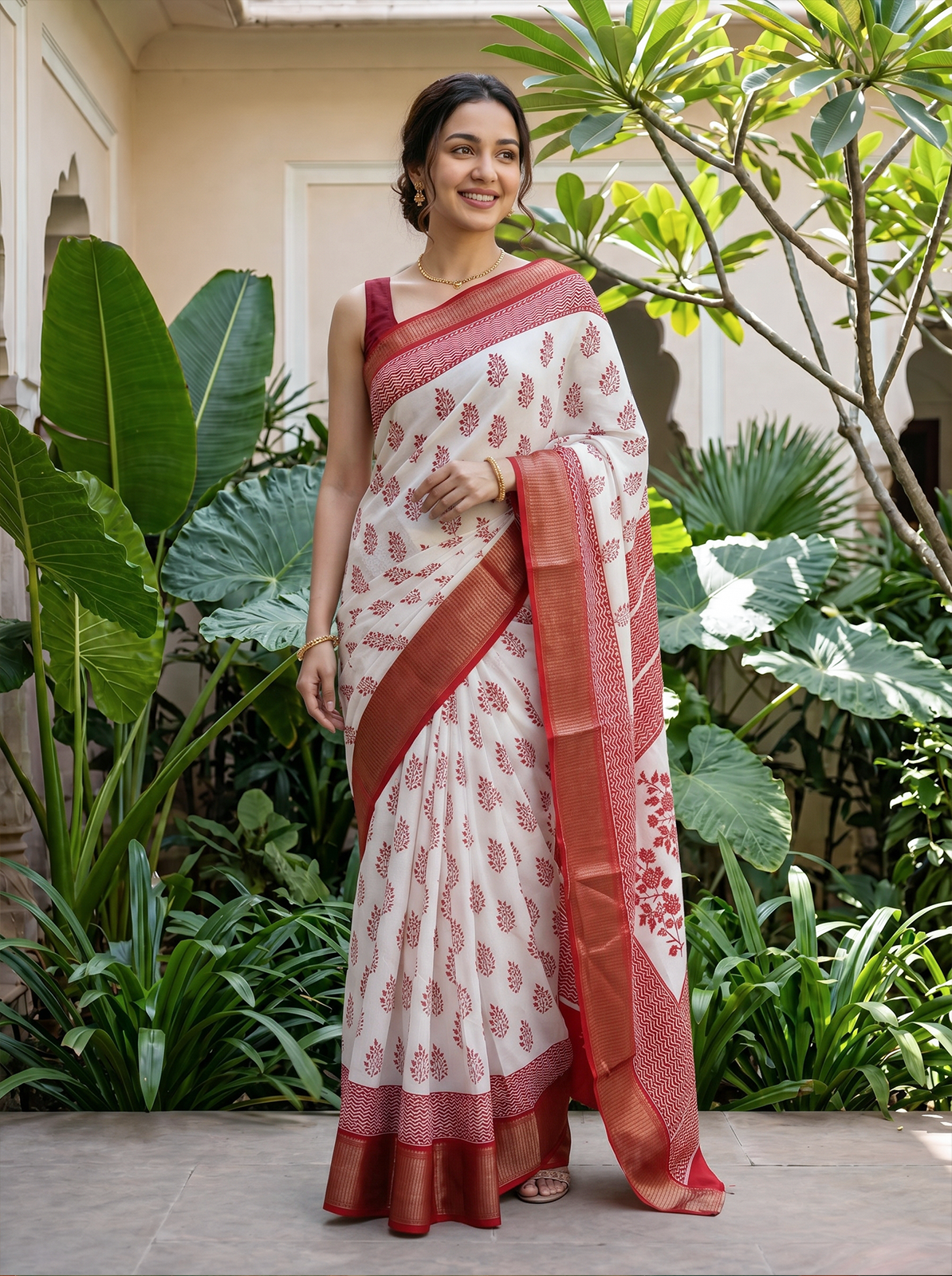Woman in a white and red saree standing in a garden setting