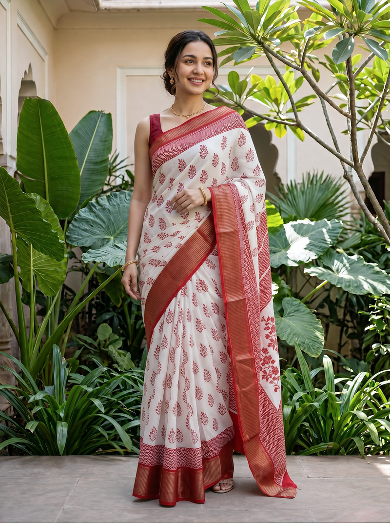 Woman in a white and red saree standing in a garden setting