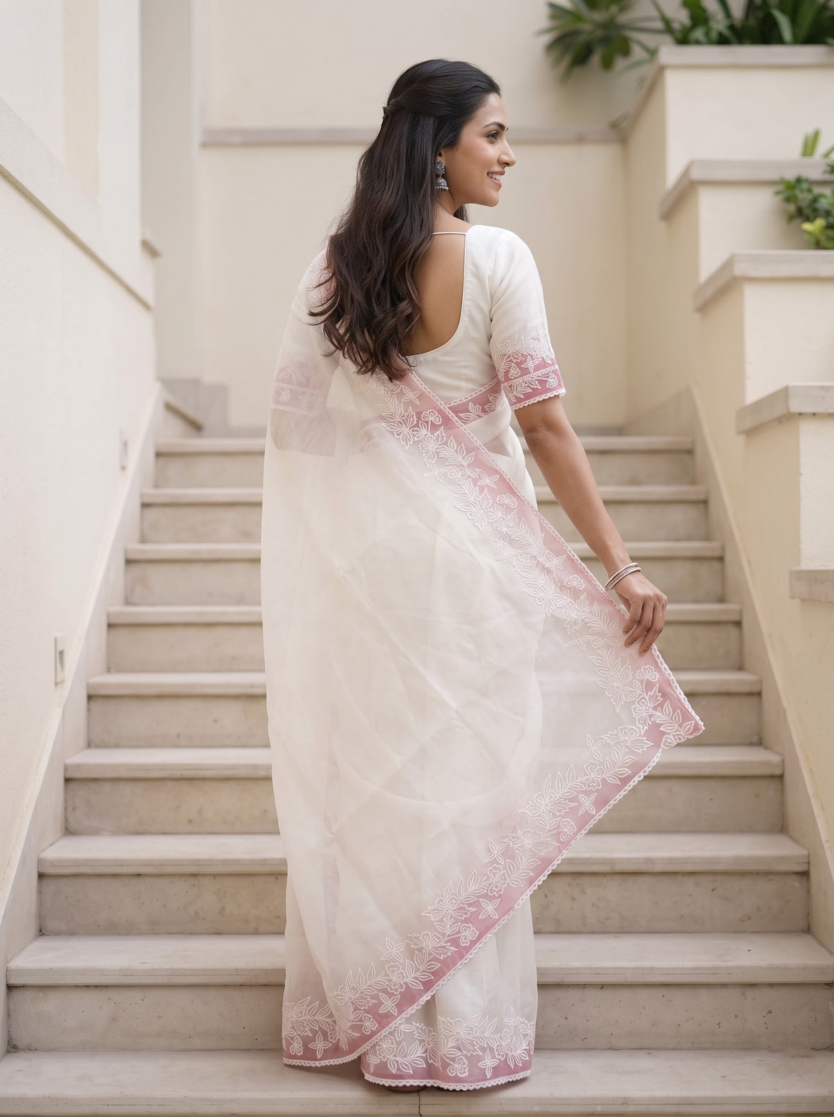 Organza Off White Pink Floral Lace Contrast Border