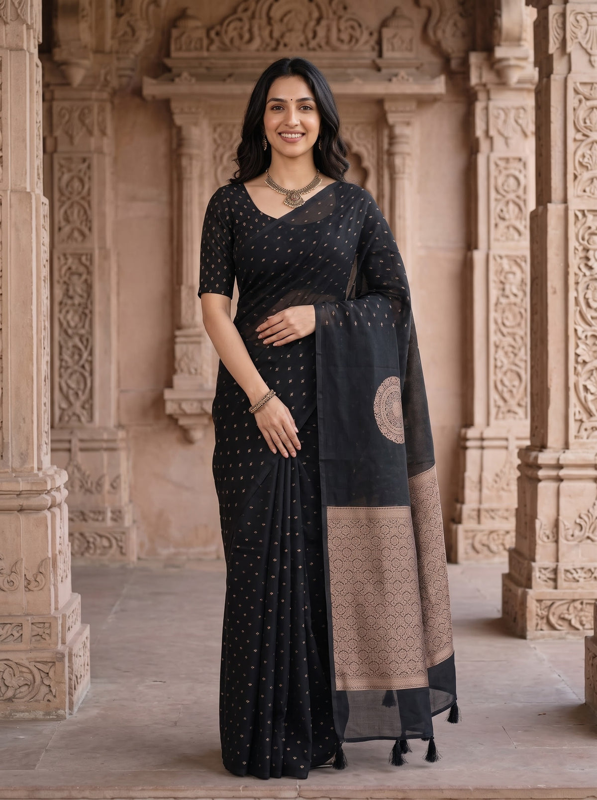 Cotton Silk Black Golden Polka Dot Mandala Floral Brocade Pallu
