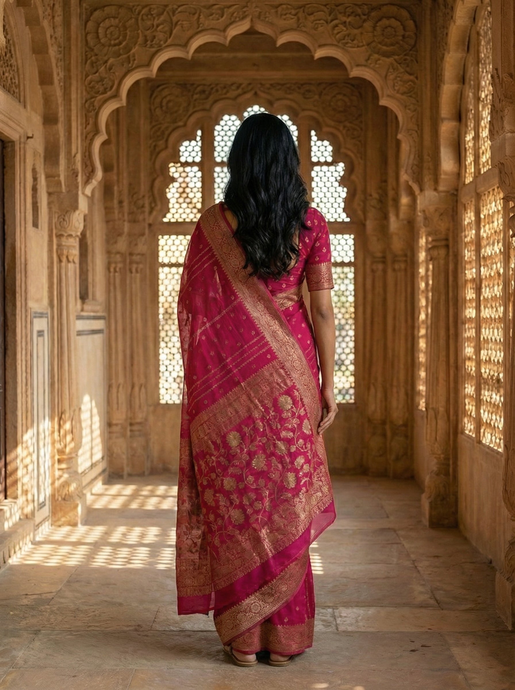 Georgette Banarasi  Rani Pink Gold Zari Stripe Saree