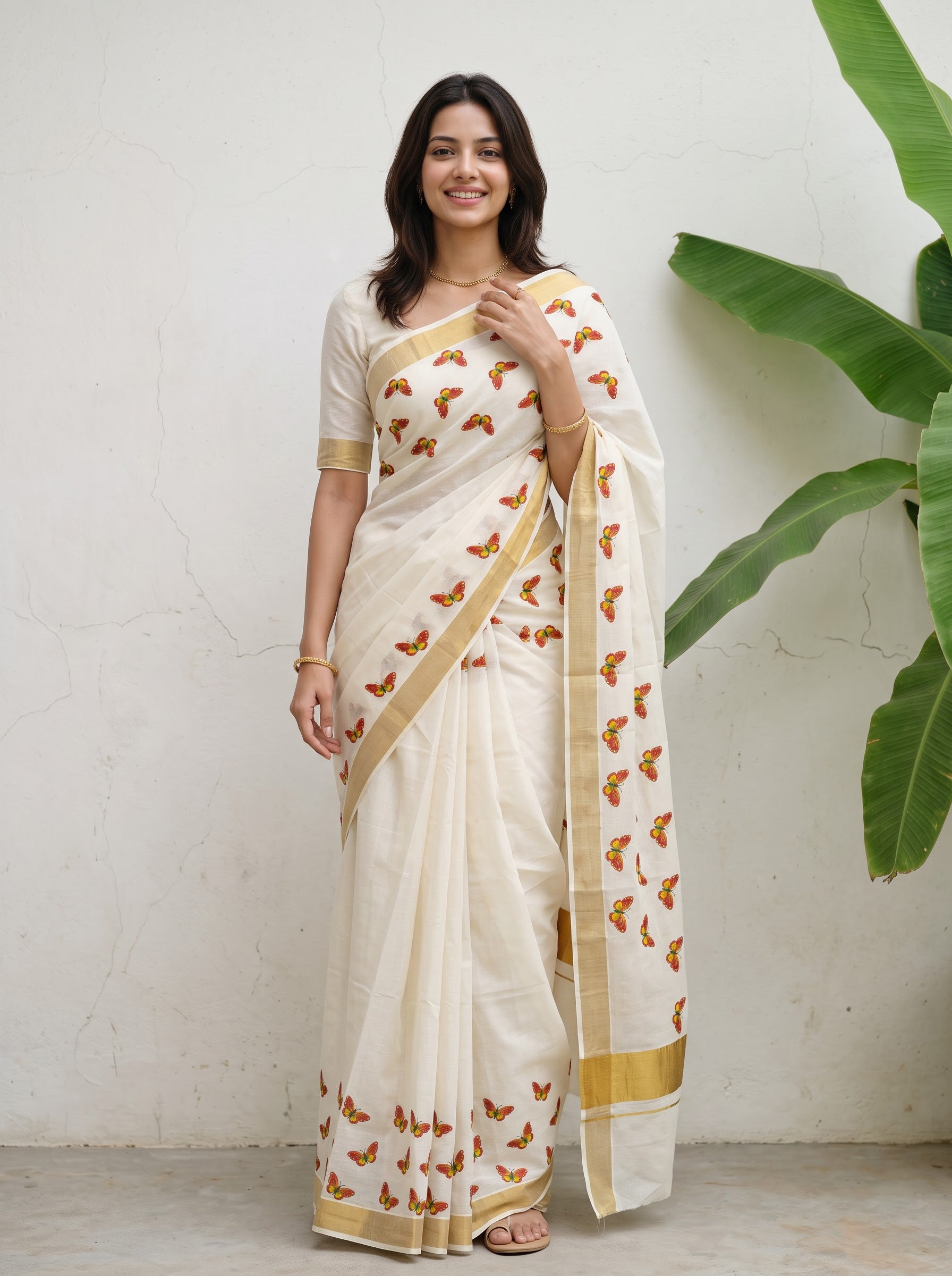 Cotton Cream Orange Butterfly Print with Golden Border Onam Special Kerala Saree