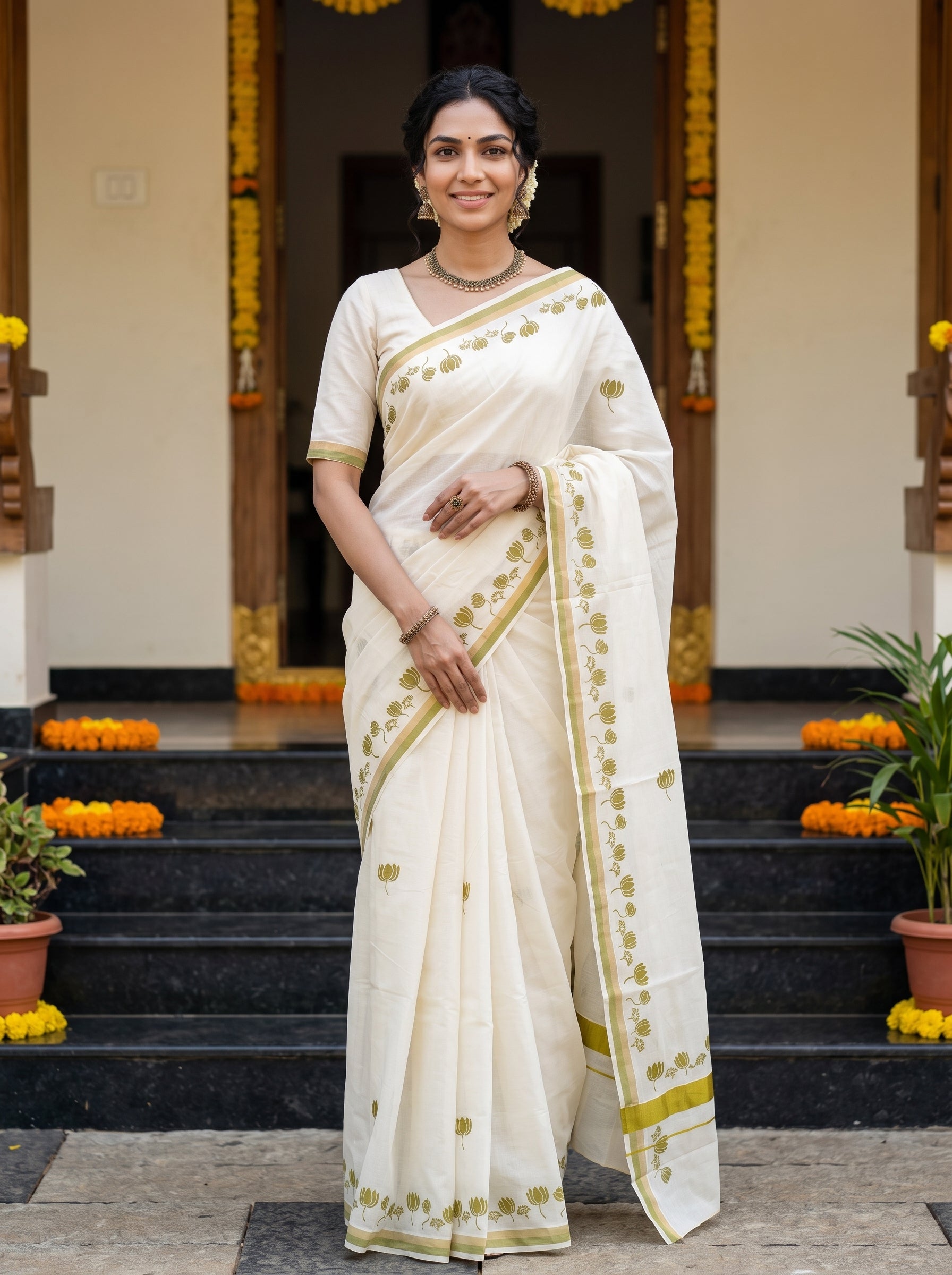 A woman wearing a cream-colored cotton saree with gold zari embroidery and a matching cream blouse, standing on black stone steps in front of a traditional building.
