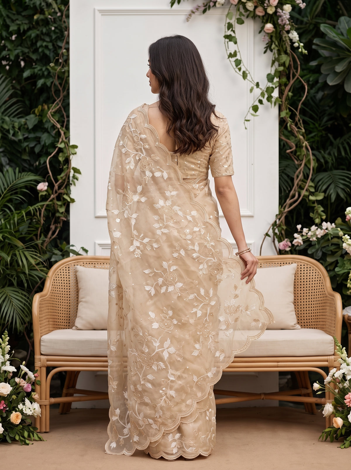 Organza Champagne Saree with Floral Vine and Scalloped Edge