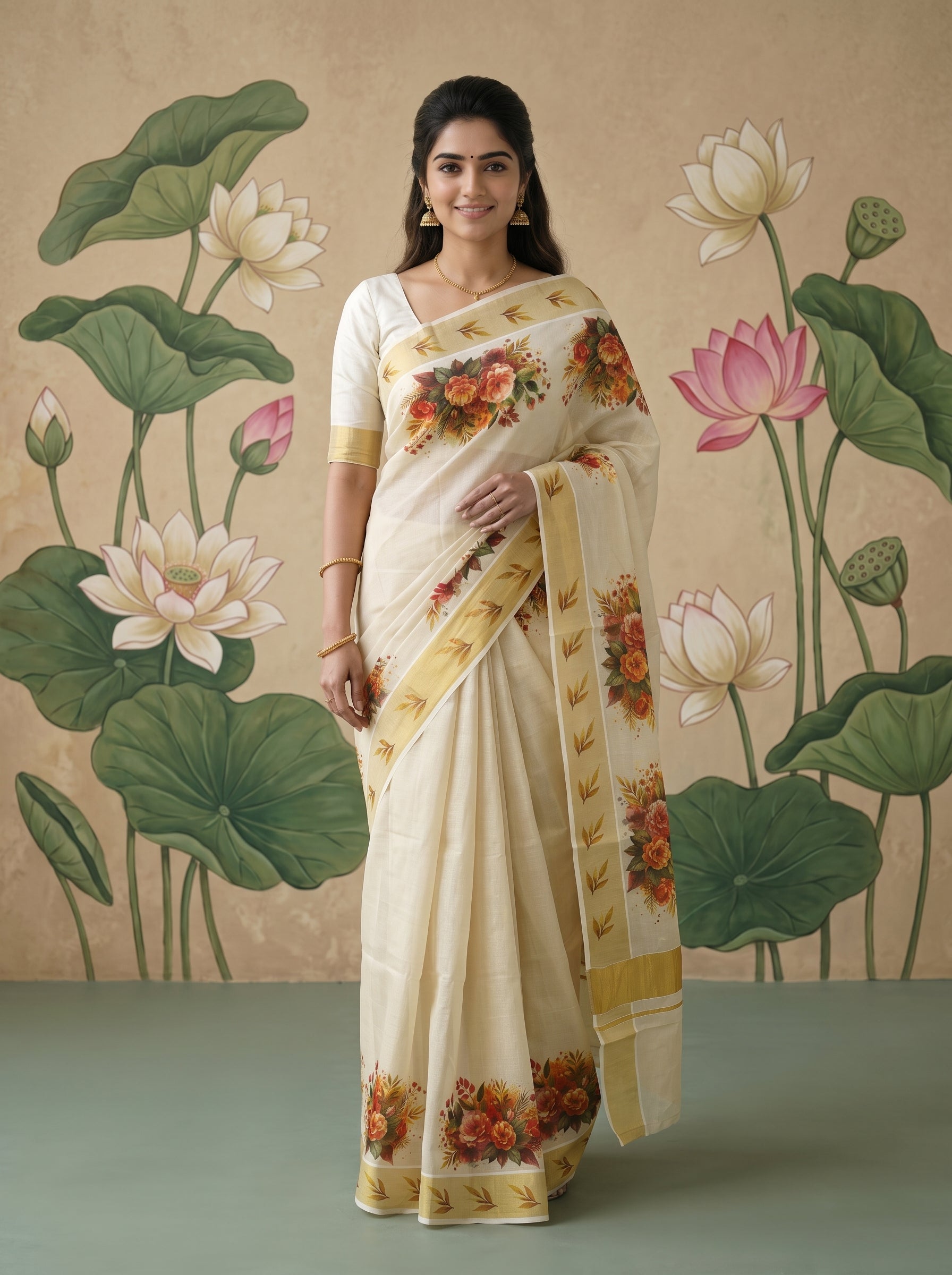 Tissue Cream Rose Bouquet Print Onam Special Kerala Saree with Golden Border