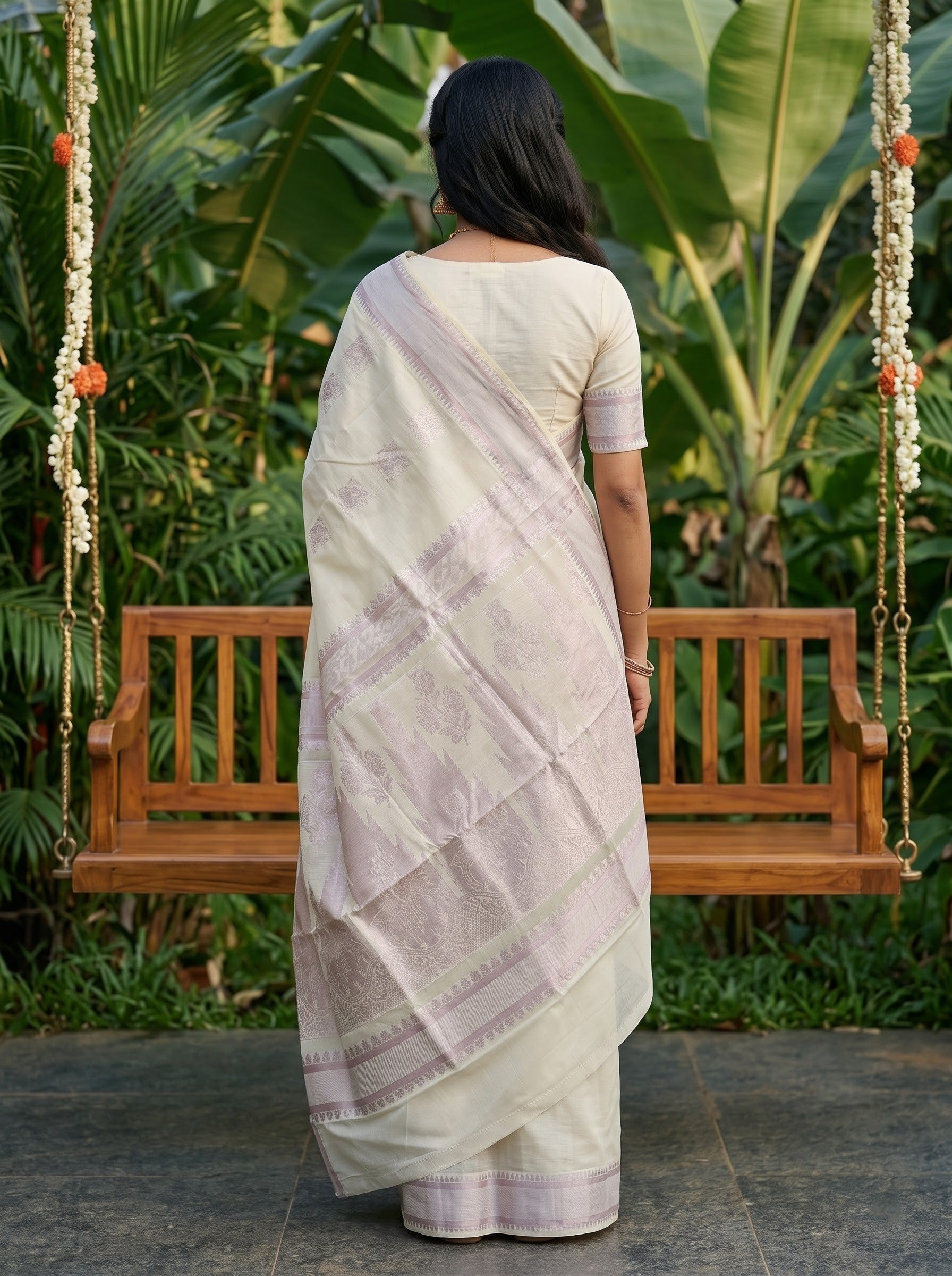 A woman viewed from behind wearing a light cream or off-white saree with a lavender-pink border and pallu, standing in front of a wooden swing in a lush garden setting.