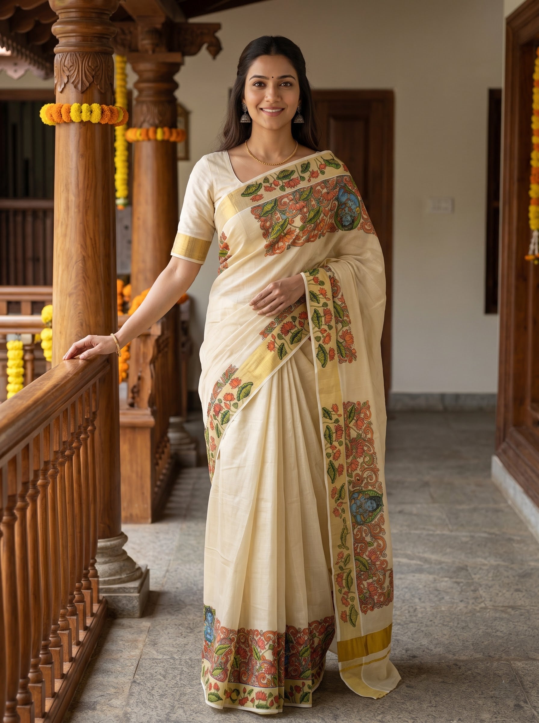 Tissue Cream Krishna Mural Print With Golden Border Onam Special Kerala Saree