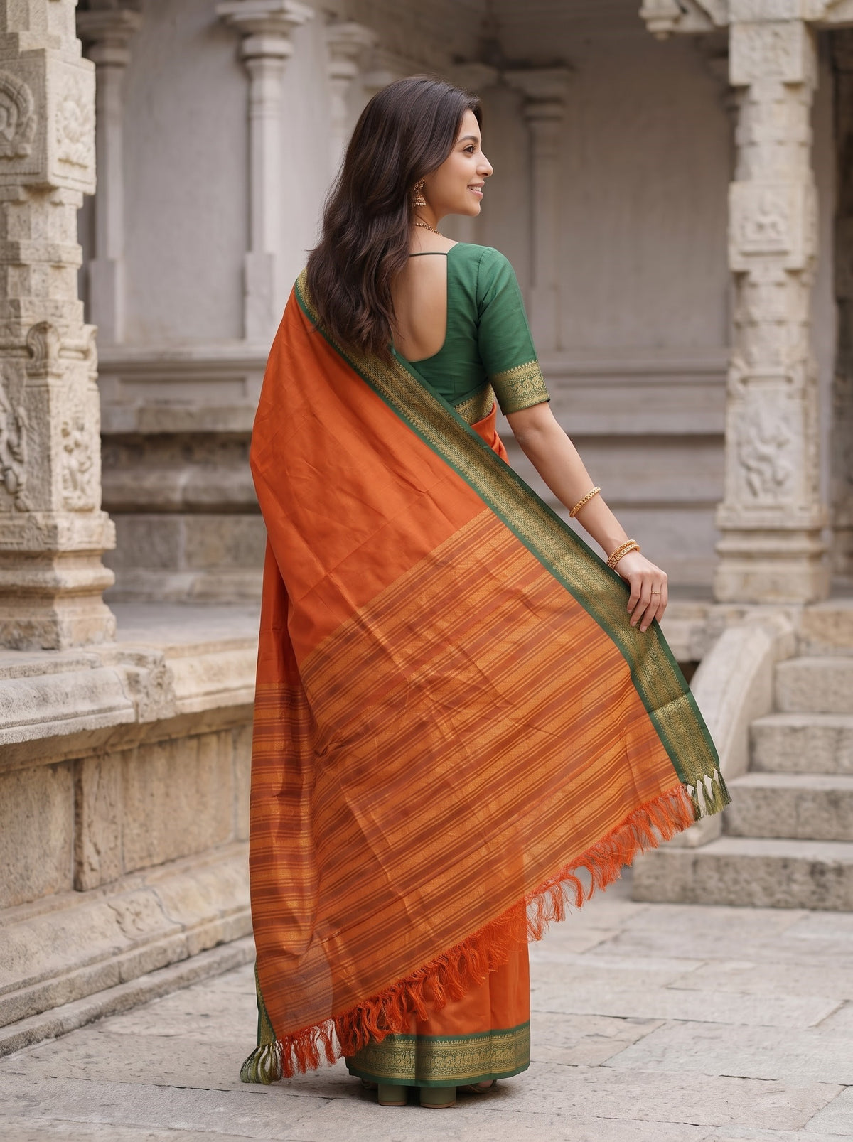 Semi Silk Orange Golden Pinstripe Saree with Green Zari Border