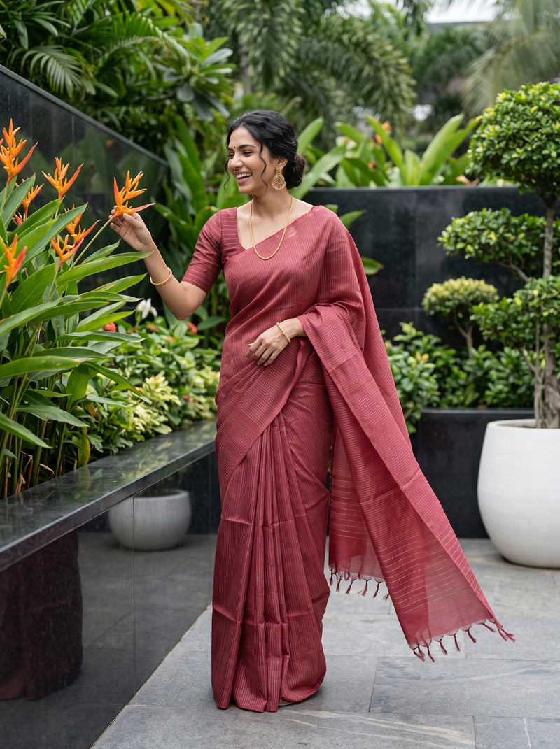 A woman wearing a dusty rose terracotta-colored silk saree with a matching blouse stands in a lush garden courtyard, touching orange flowers next to a glass wall.