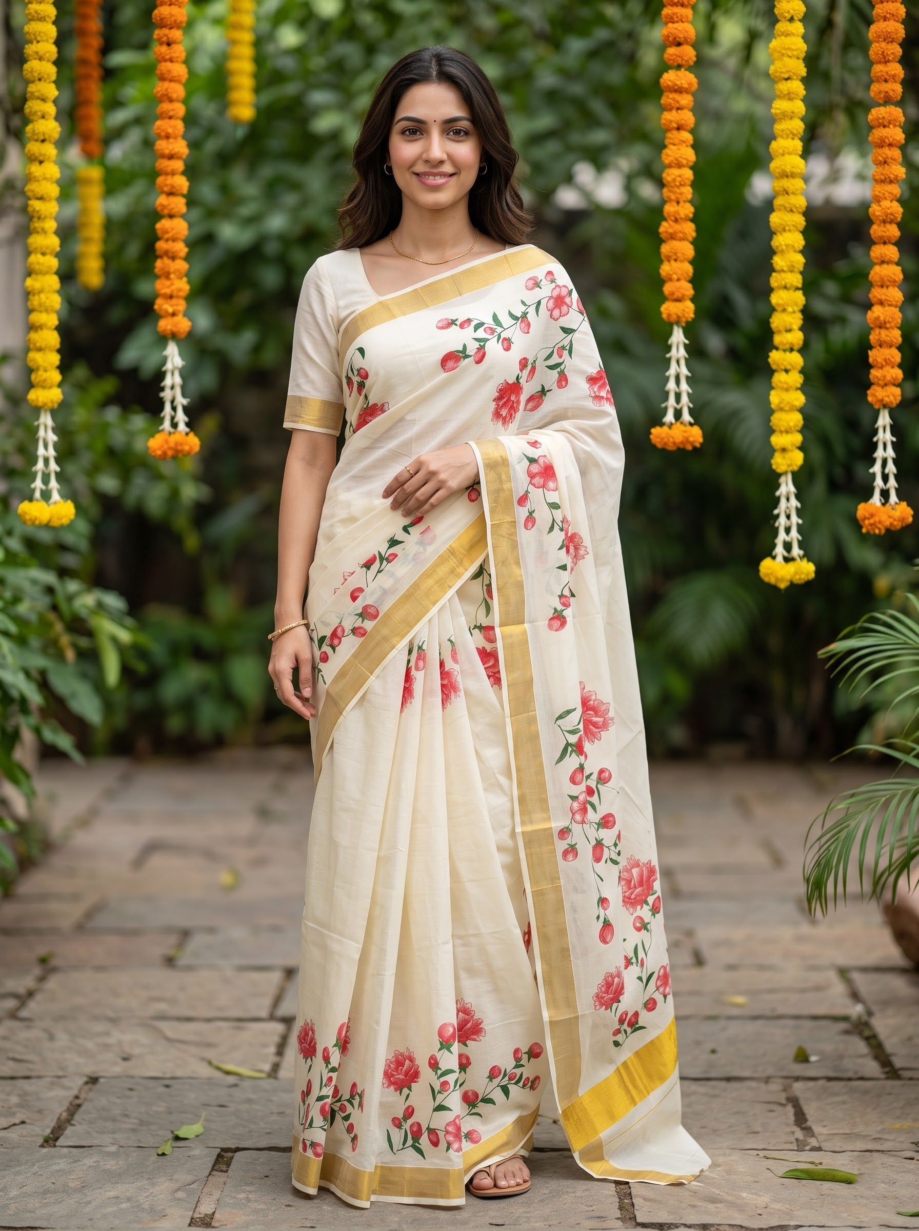 Cotton Cream Golden Border with Pink Rose Vine Print Onam Special Kerala Saree