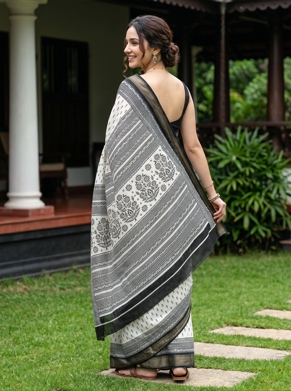 Synthetic White Black Leaf Buta Printed Saree with Traditional Black Woven Border