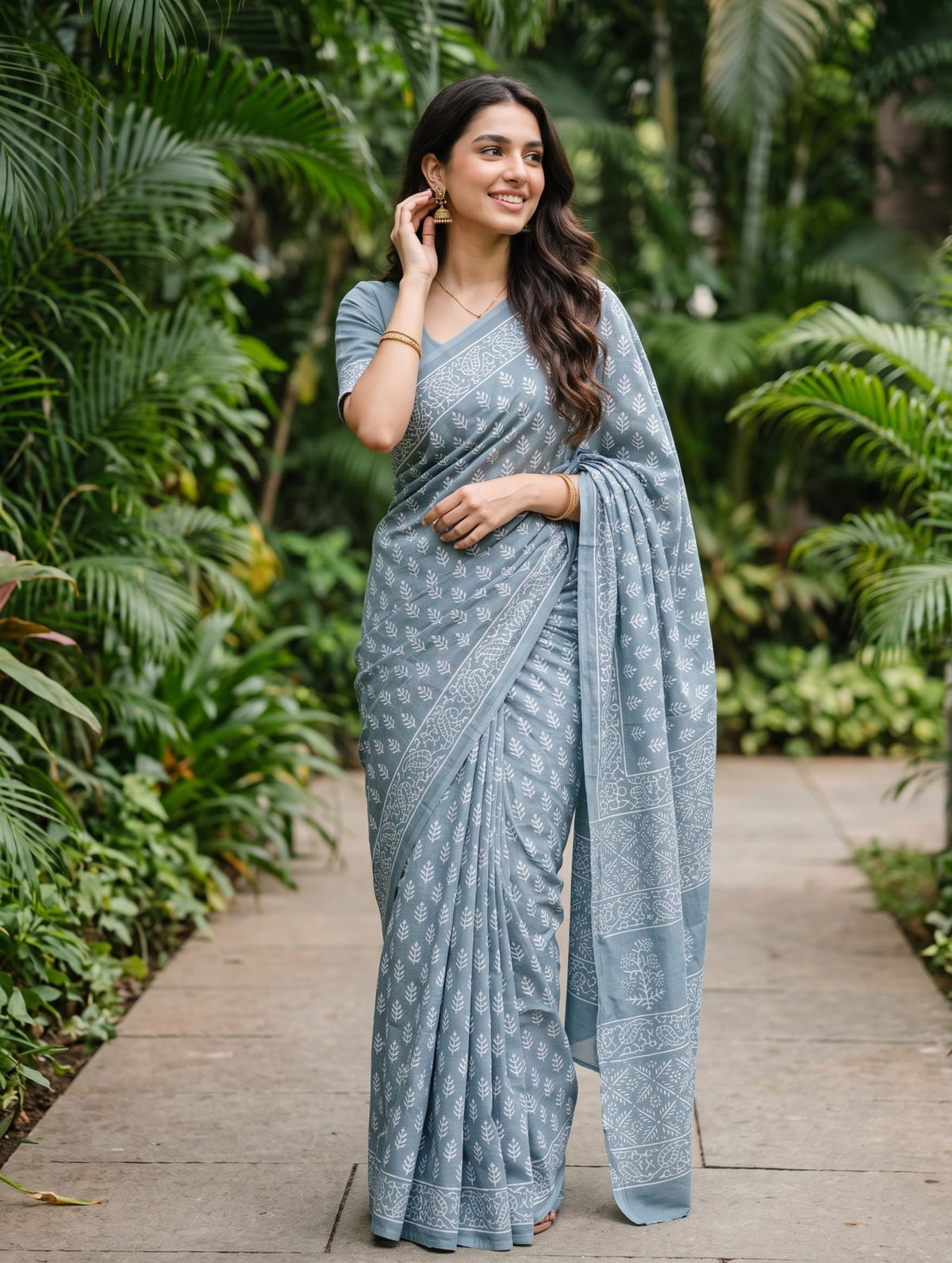 Cotton Grey Blue Saree with White Tree Motif Printed Pallu and Paisley Border