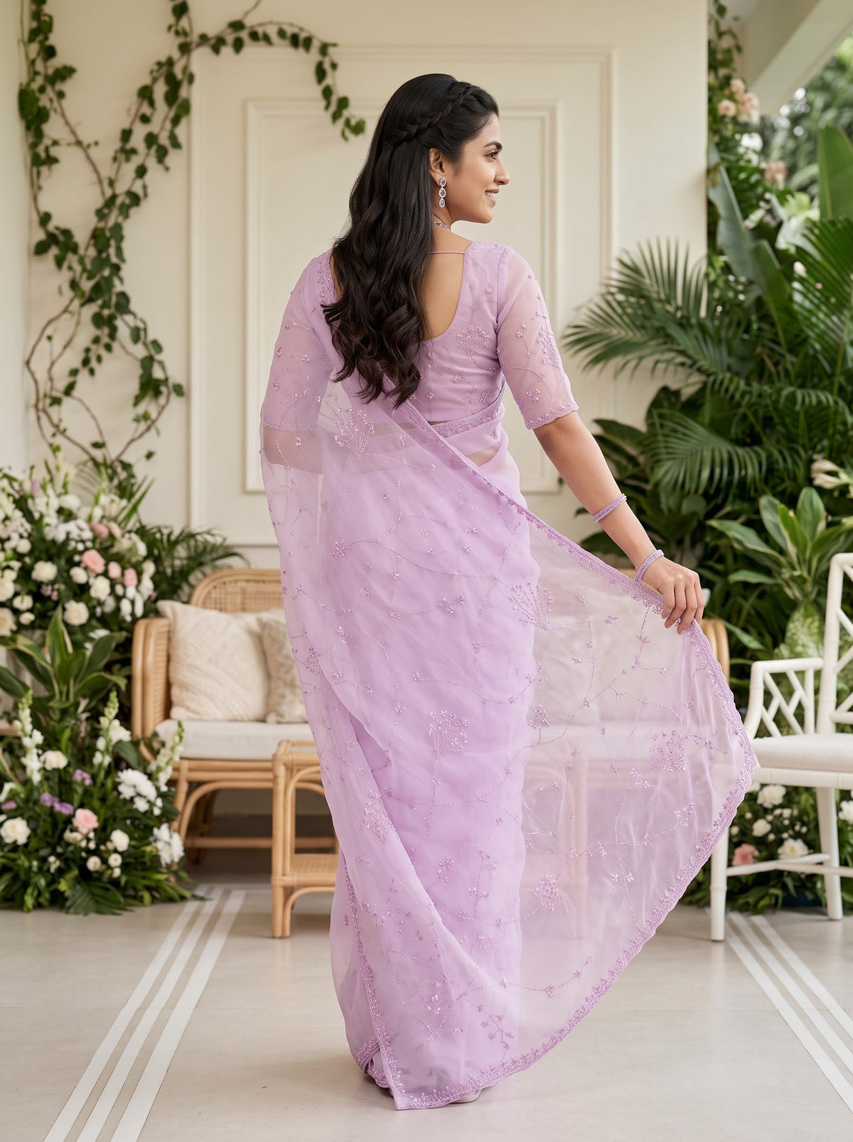 Organza Lilac Beaded Floral Saree with Embellished Border