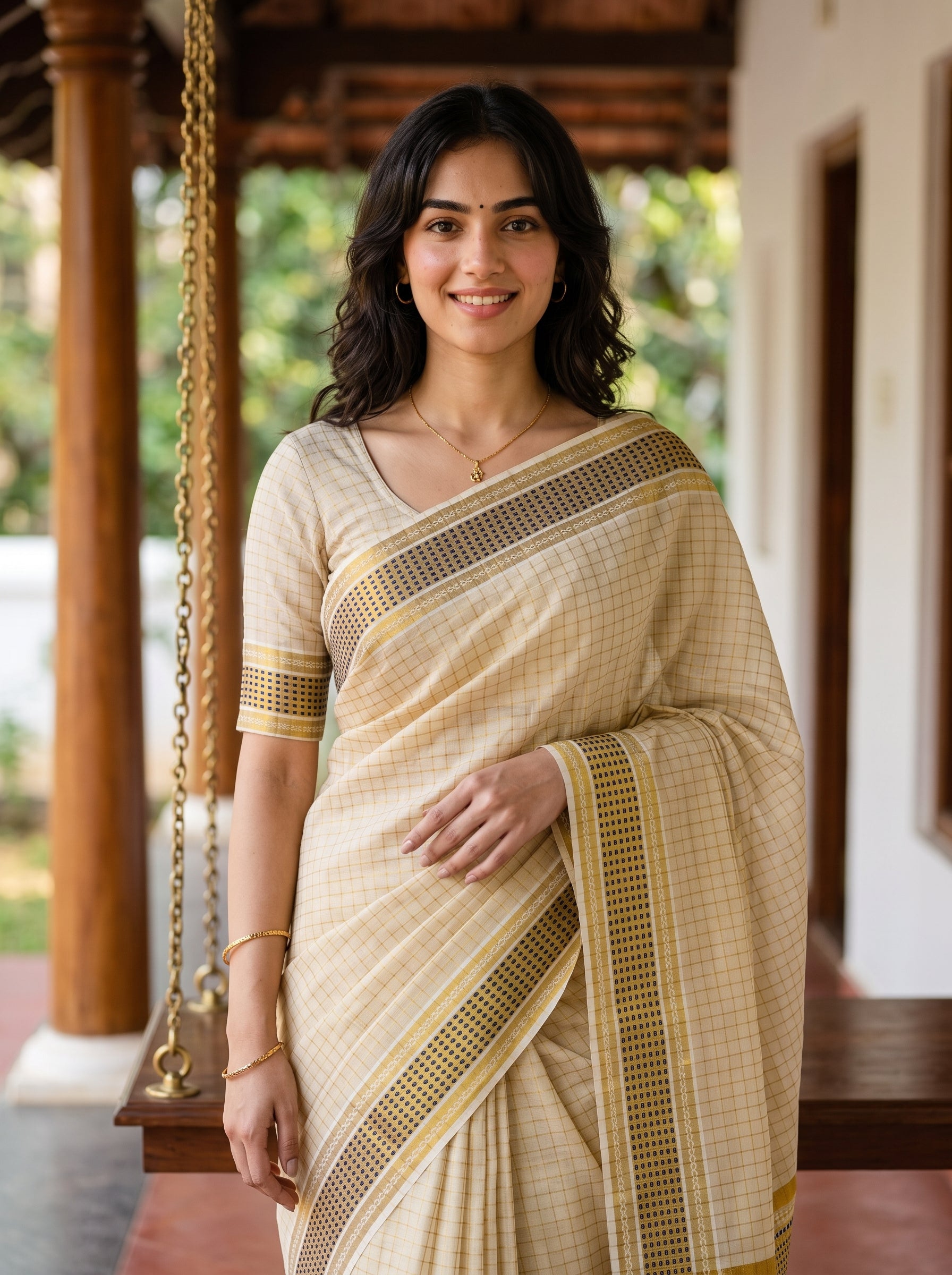 A woman wearing a beige and gold checkered saree with a matching printed blouse, standing on a wooden porch with a hanging swing in the background.