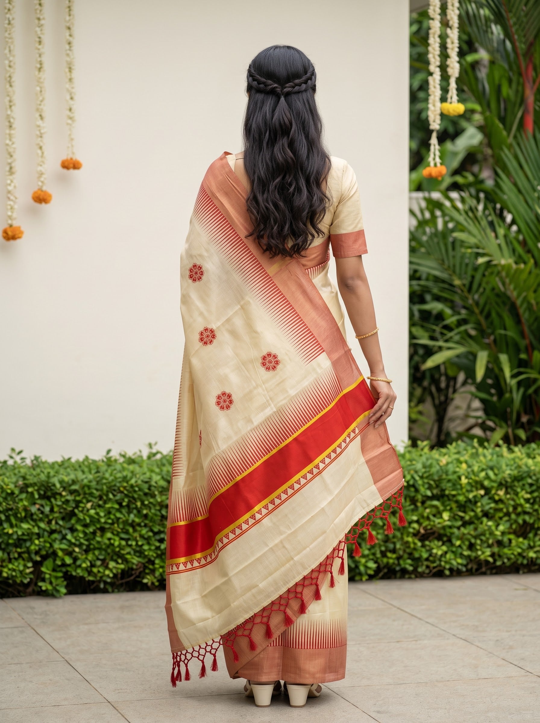 Tissue Golden Cream with Rust Temple Border and Floral Booti Onam Special Kerala Saree