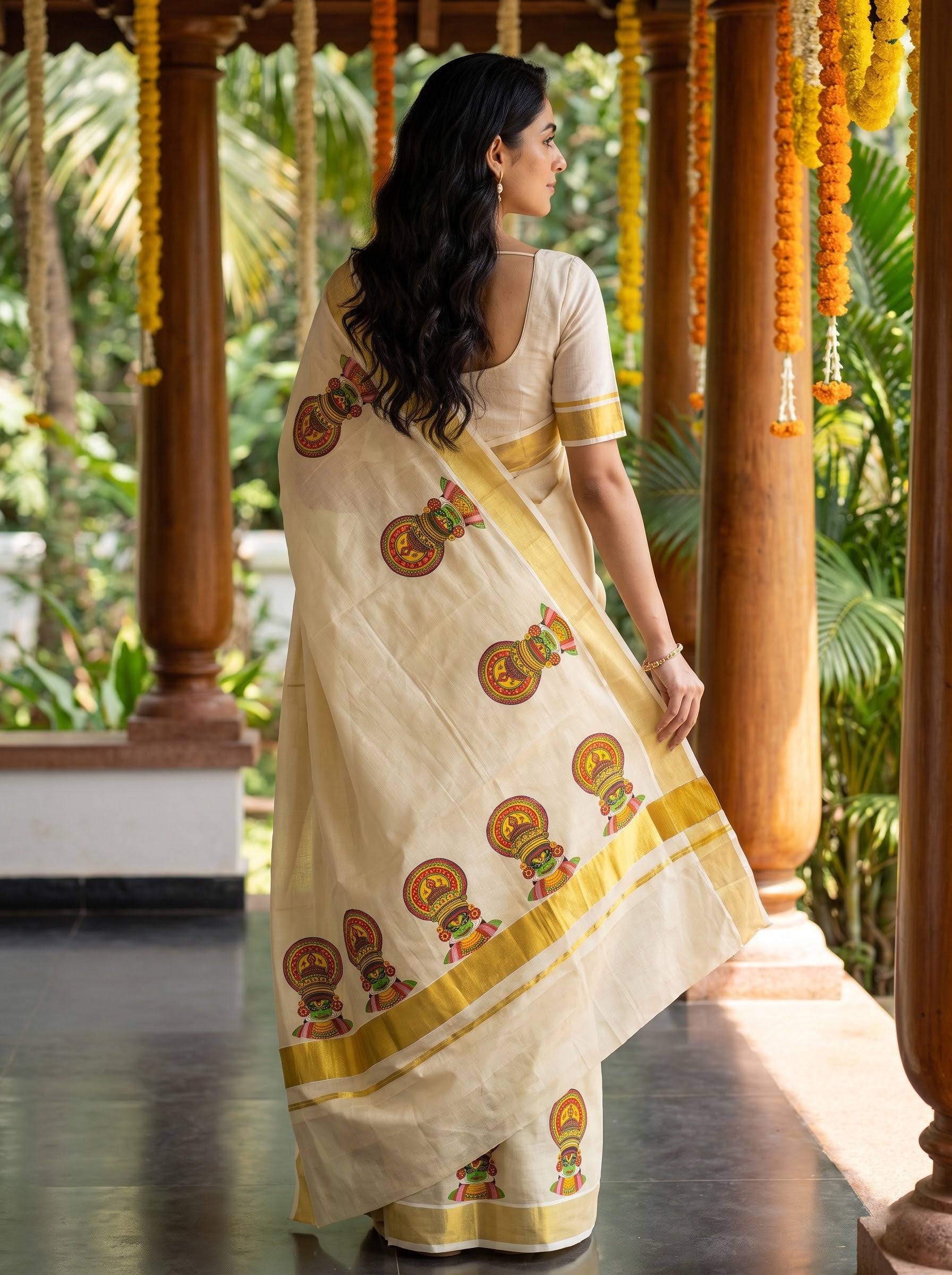 Tissue Cream Kathakali Face Print with Golden Border Onam Special Kerala Saree