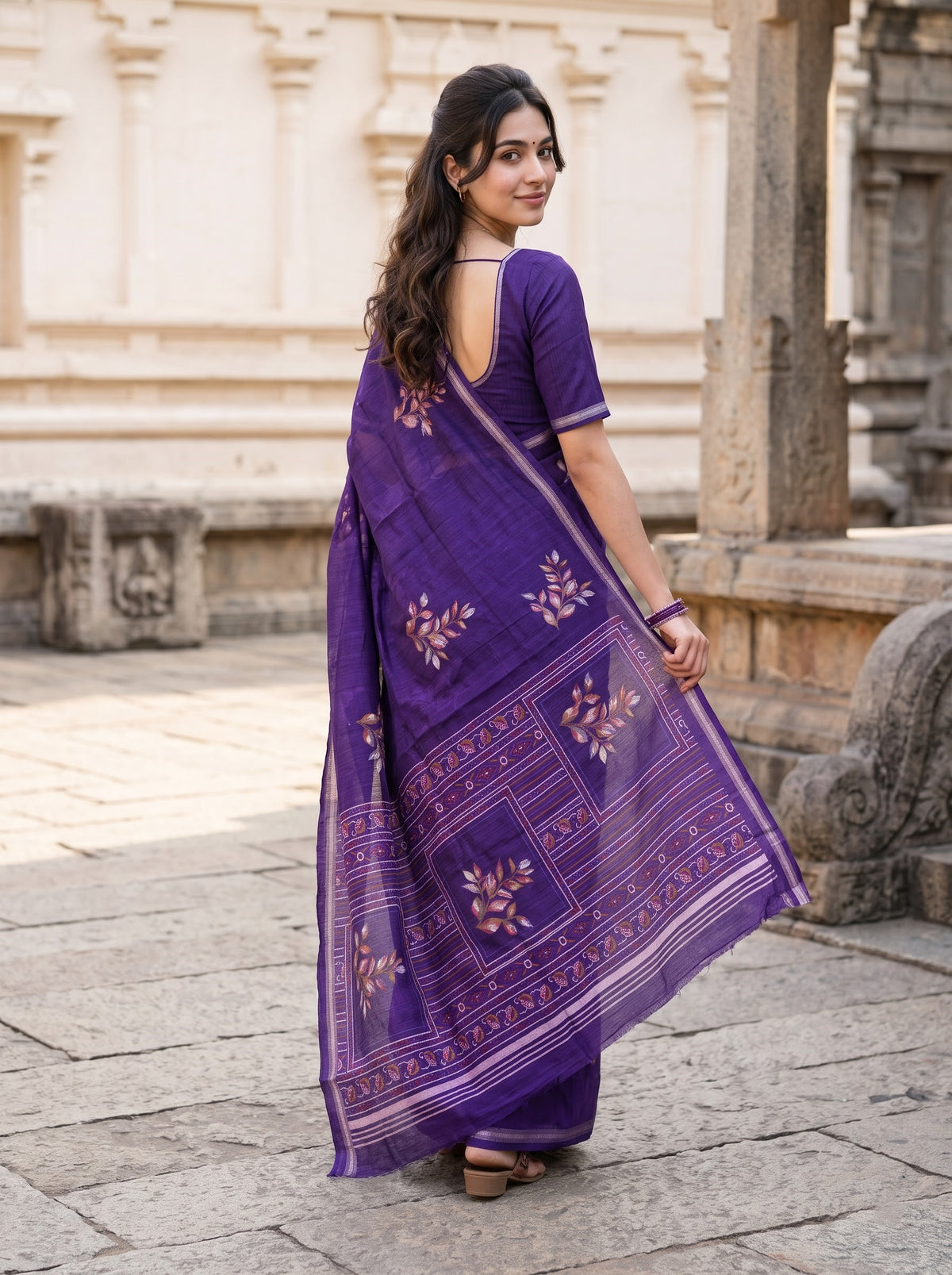 Semi Tussar Purple Saree with Colorful Leafy Motif Pallu and Silver Zari Edge