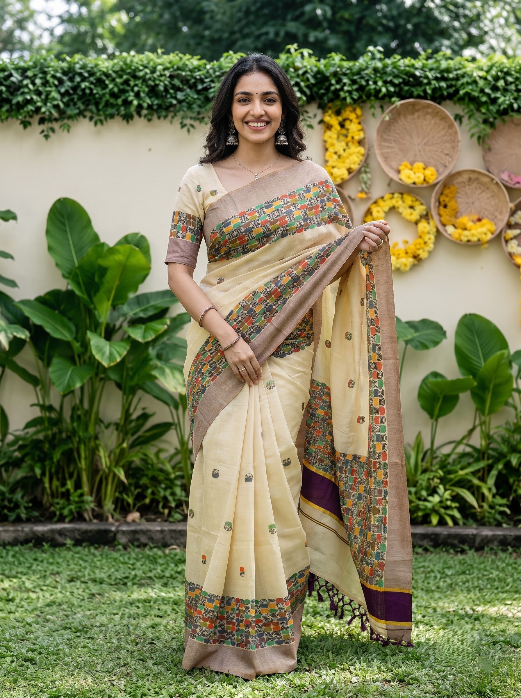 Tissue Cream Multicolor Geometric Print With Purple Tassels Onam Special Kerala Saree
