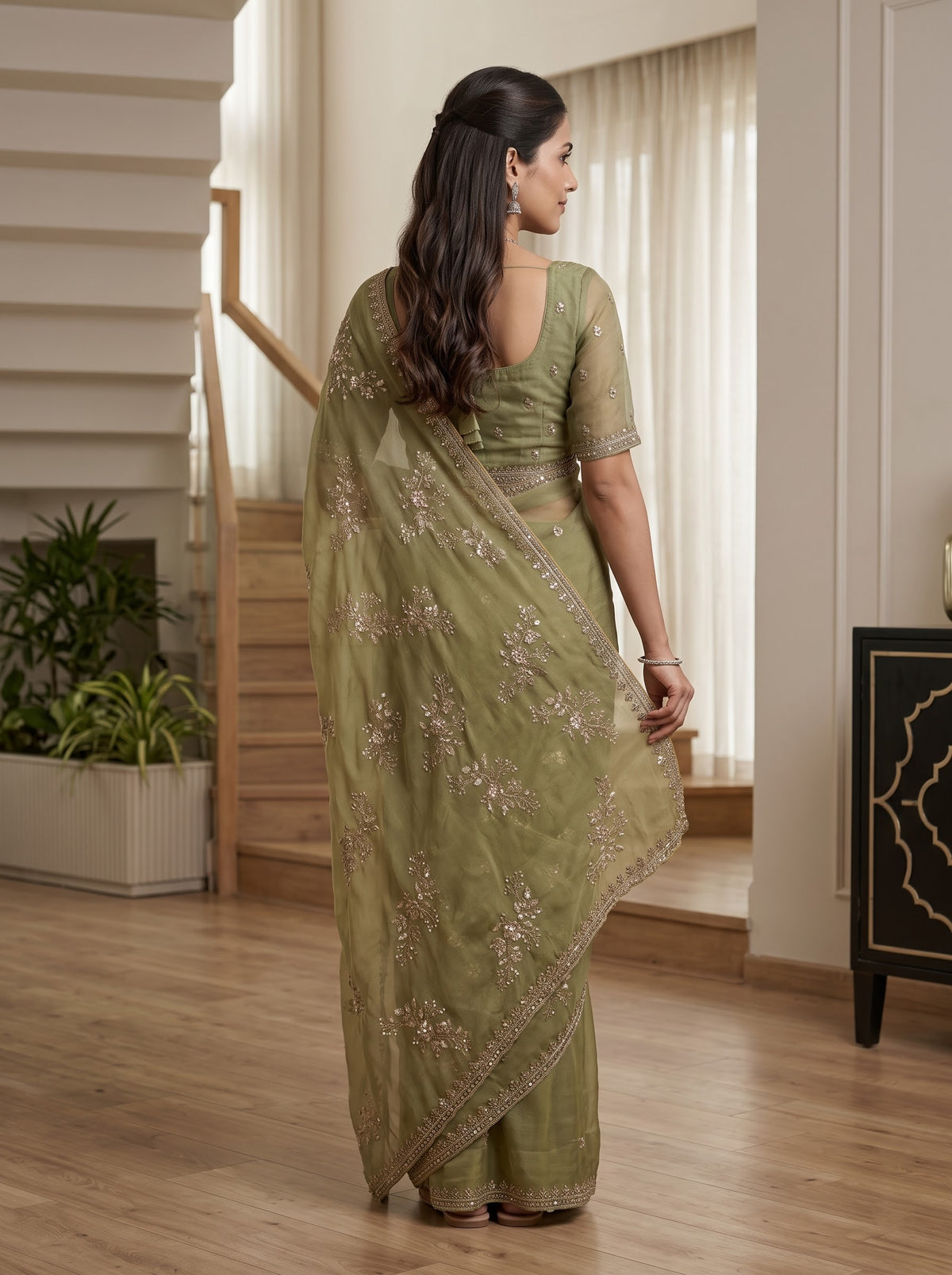 Chiffon Olive Green Sequin Floral Branch Saree