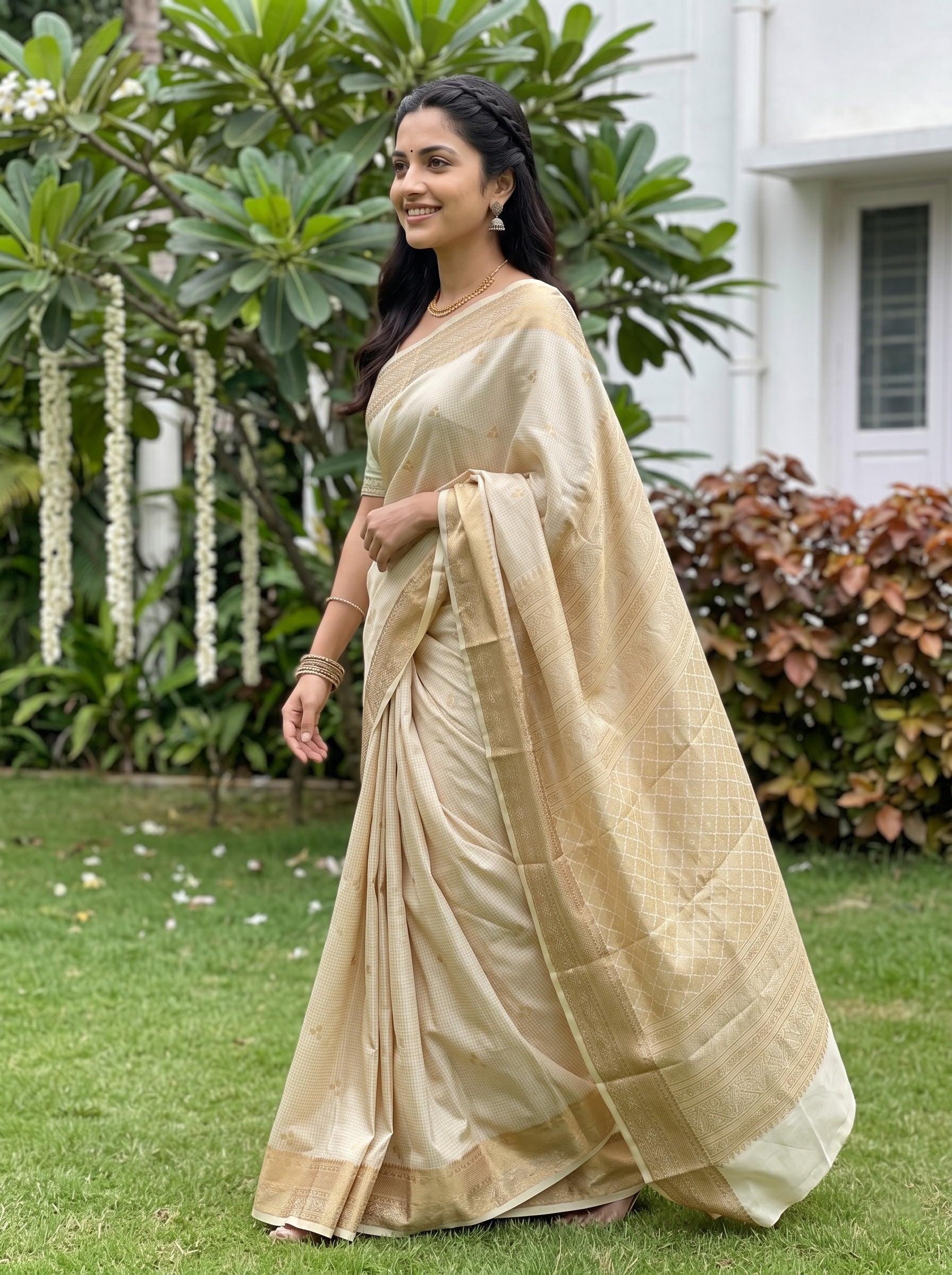 A woman wearing a light beige silk saree with a matching blouse, standing outdoors on a green lawn with plants and a white building in the background.