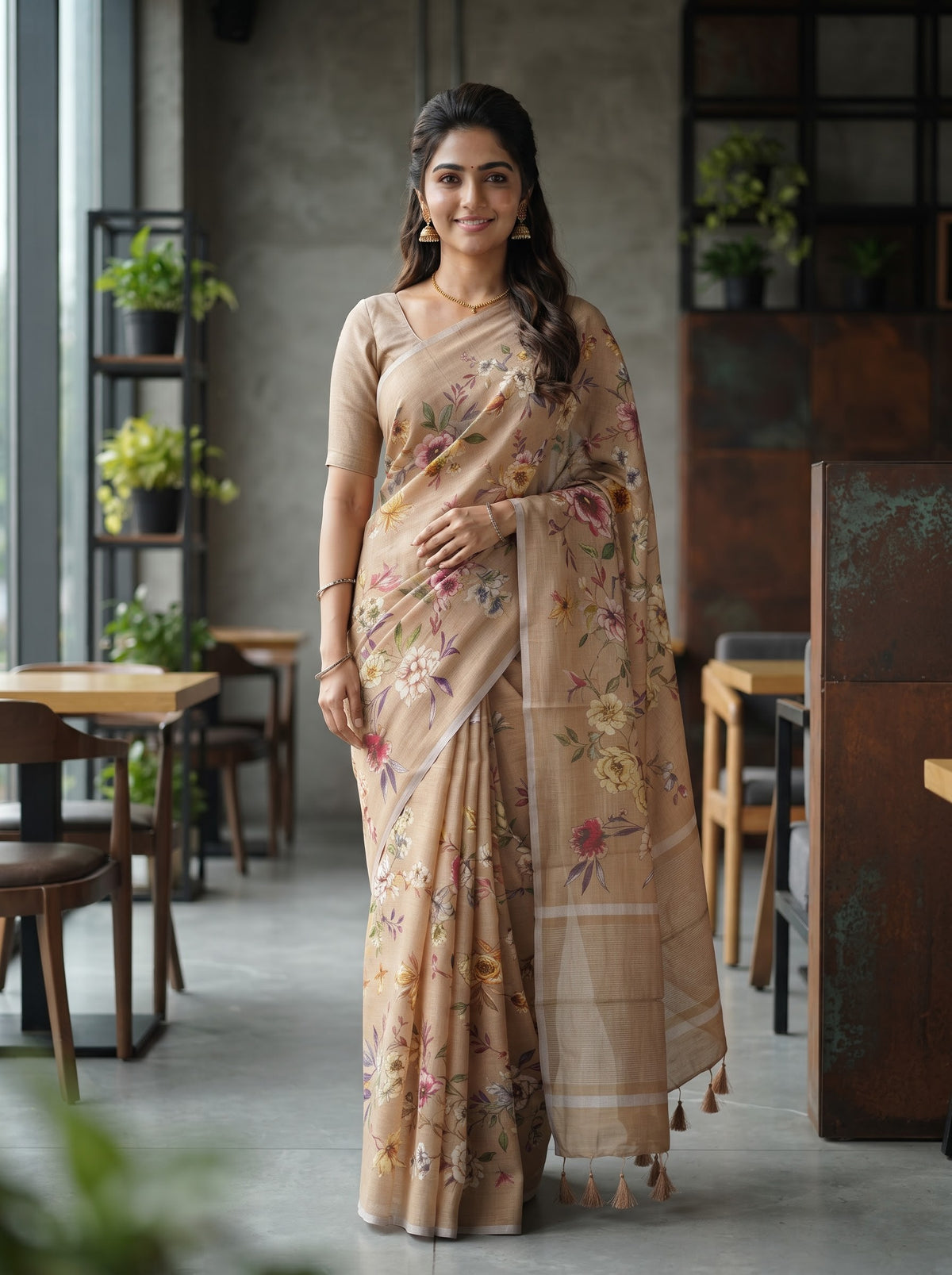 Pure Linen Beige Multicolor Watercolor Floral Print Saree