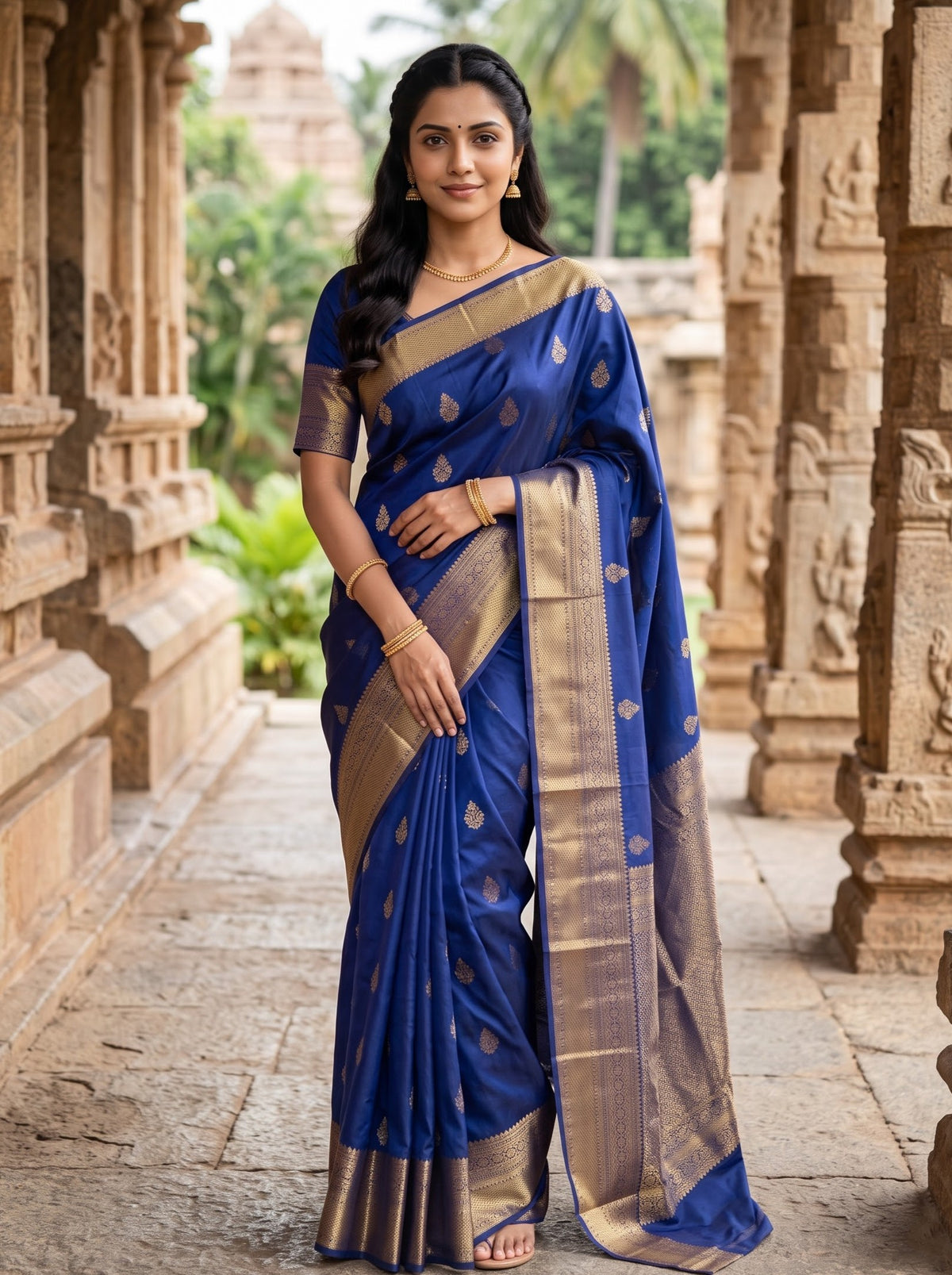 Semi Silk Blue Self Buta Woven Zari Medallion Jaal Pallu Saree with Temple Border