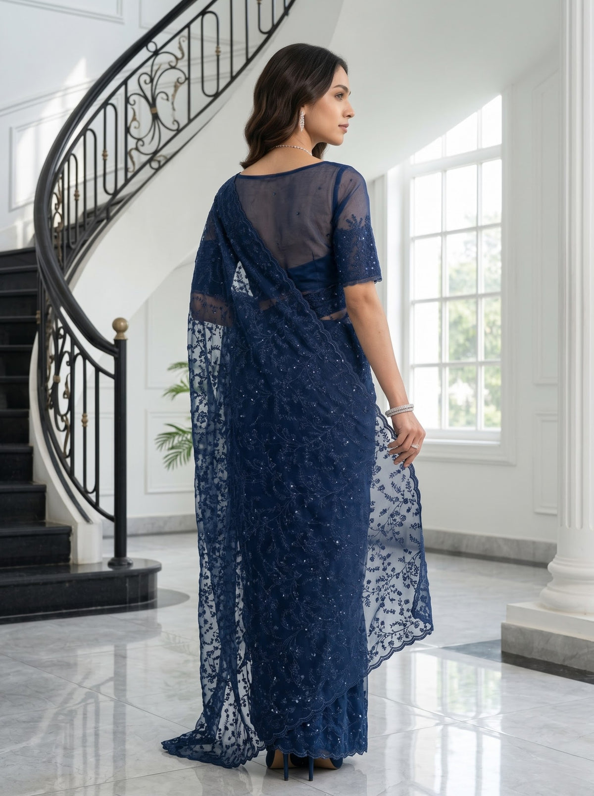 Organza Navy Blue Saree with Sequin Floral Vine Embroidery