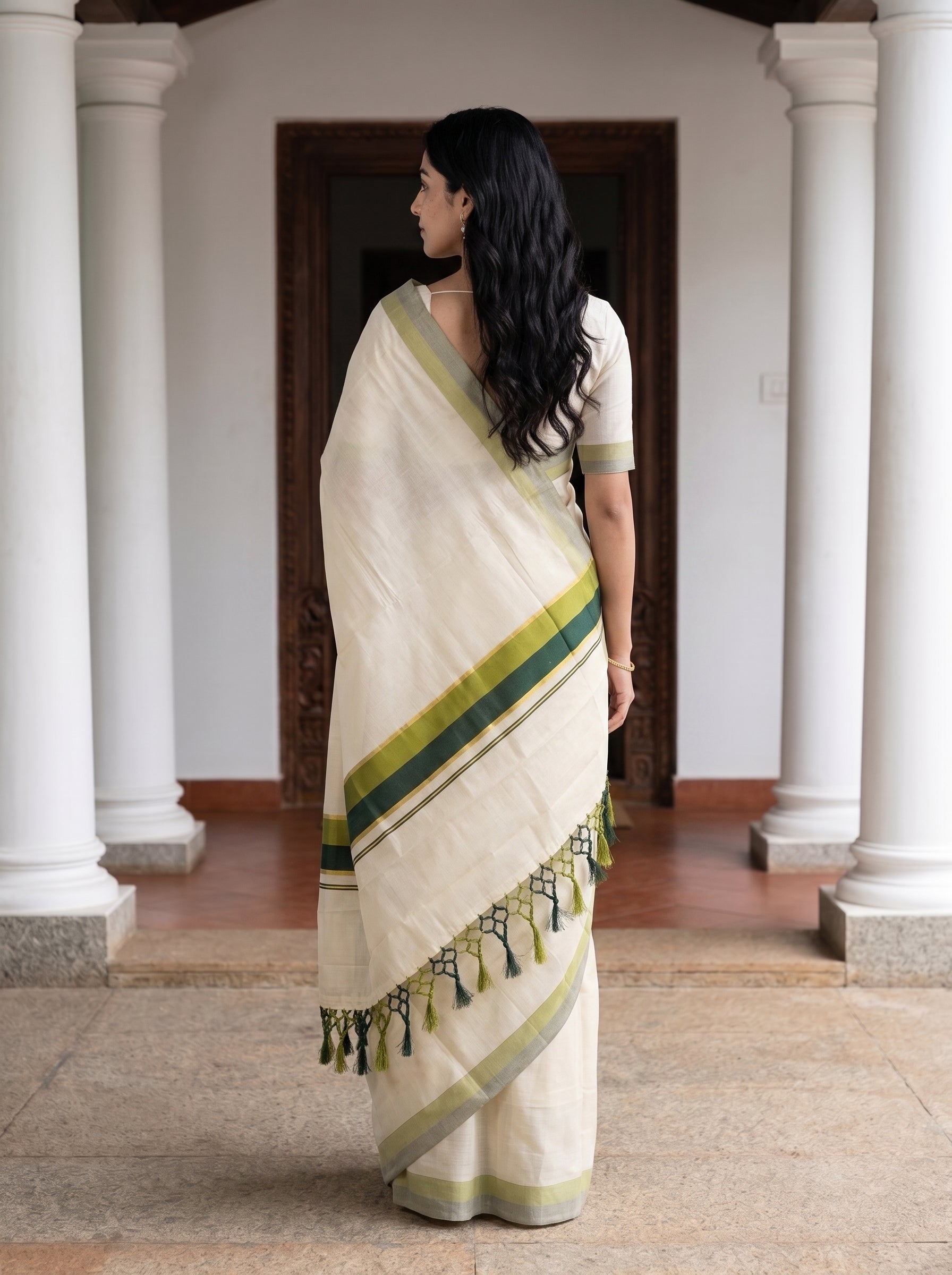 Tissue Cream Olive Green Tasseled Border Onam Kerala Saree