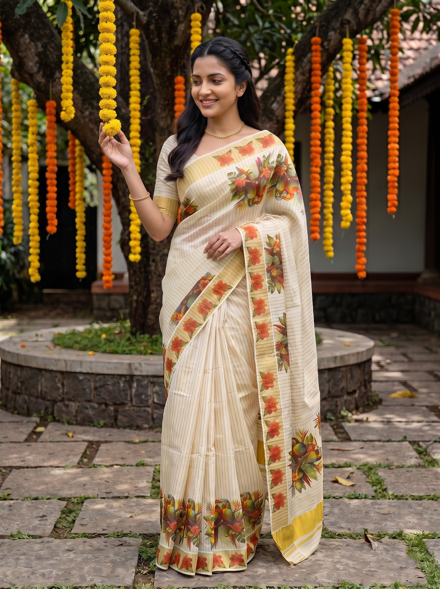 Tissue Cream Multicolor Tropical Parrot Print Onam Special Kerala Saree