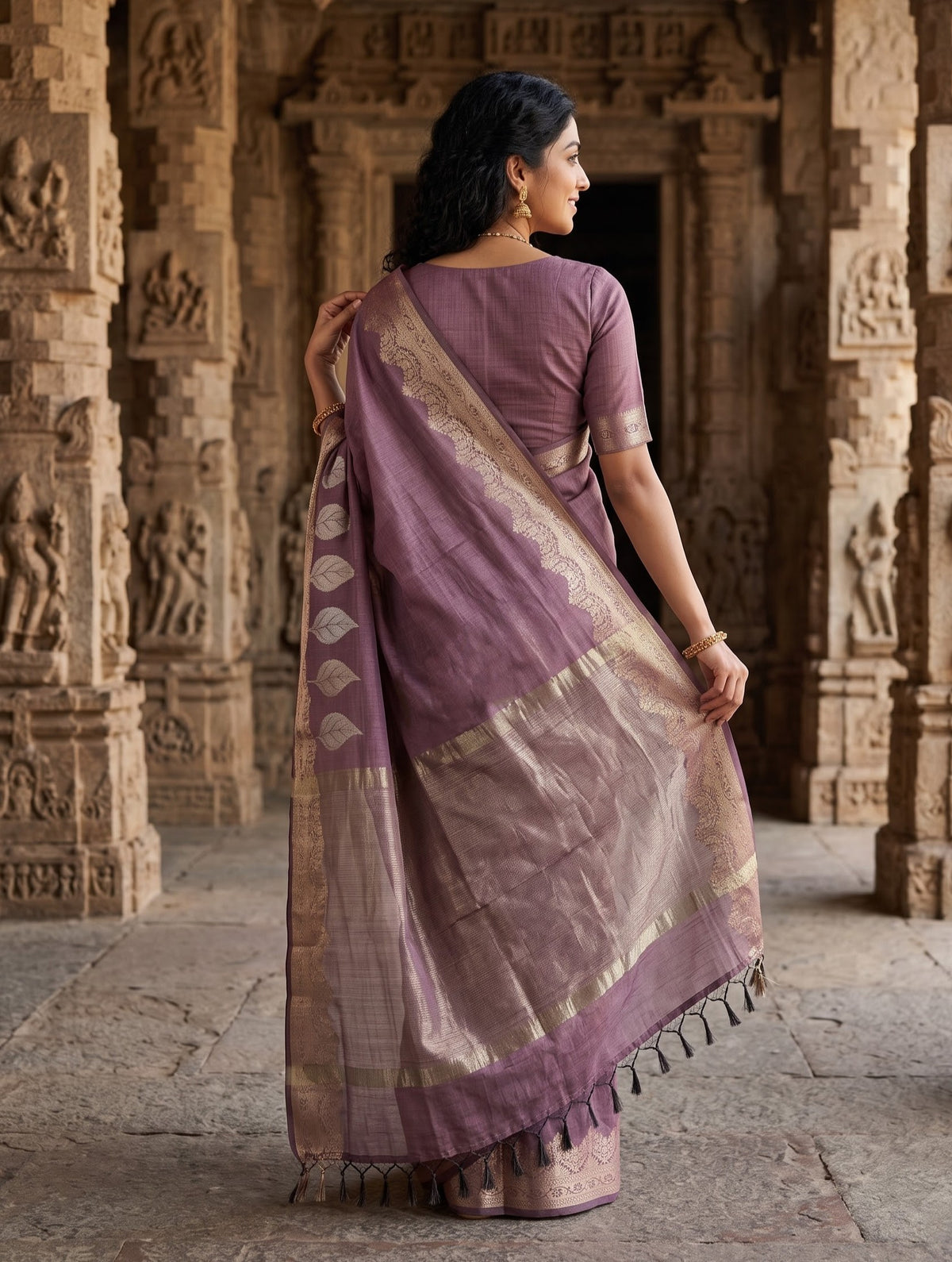 Matka Silk Mauve Silver Leaf Motif Border Saree