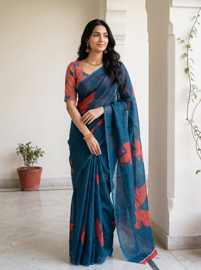 A woman modeling a dark teal blue saree with red floral patterns and a matching red patterned blouse, standing in a bright, modern indoor corridor with white pillars.
