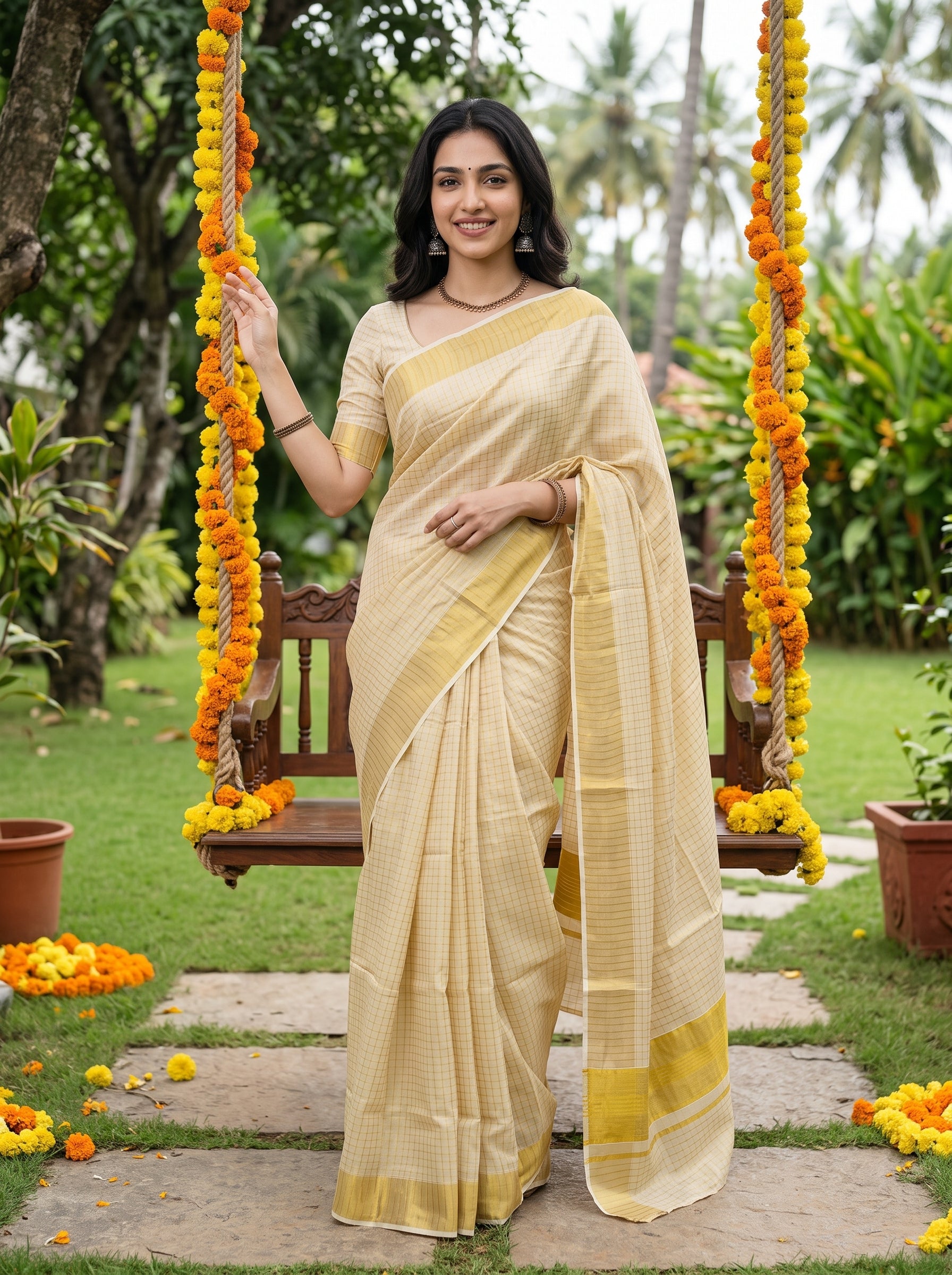 A woman wearing a light beige and yellow striped cotton saree stands in front of a wooden swing decorated with orange marigold garlands in a lush garden setting.