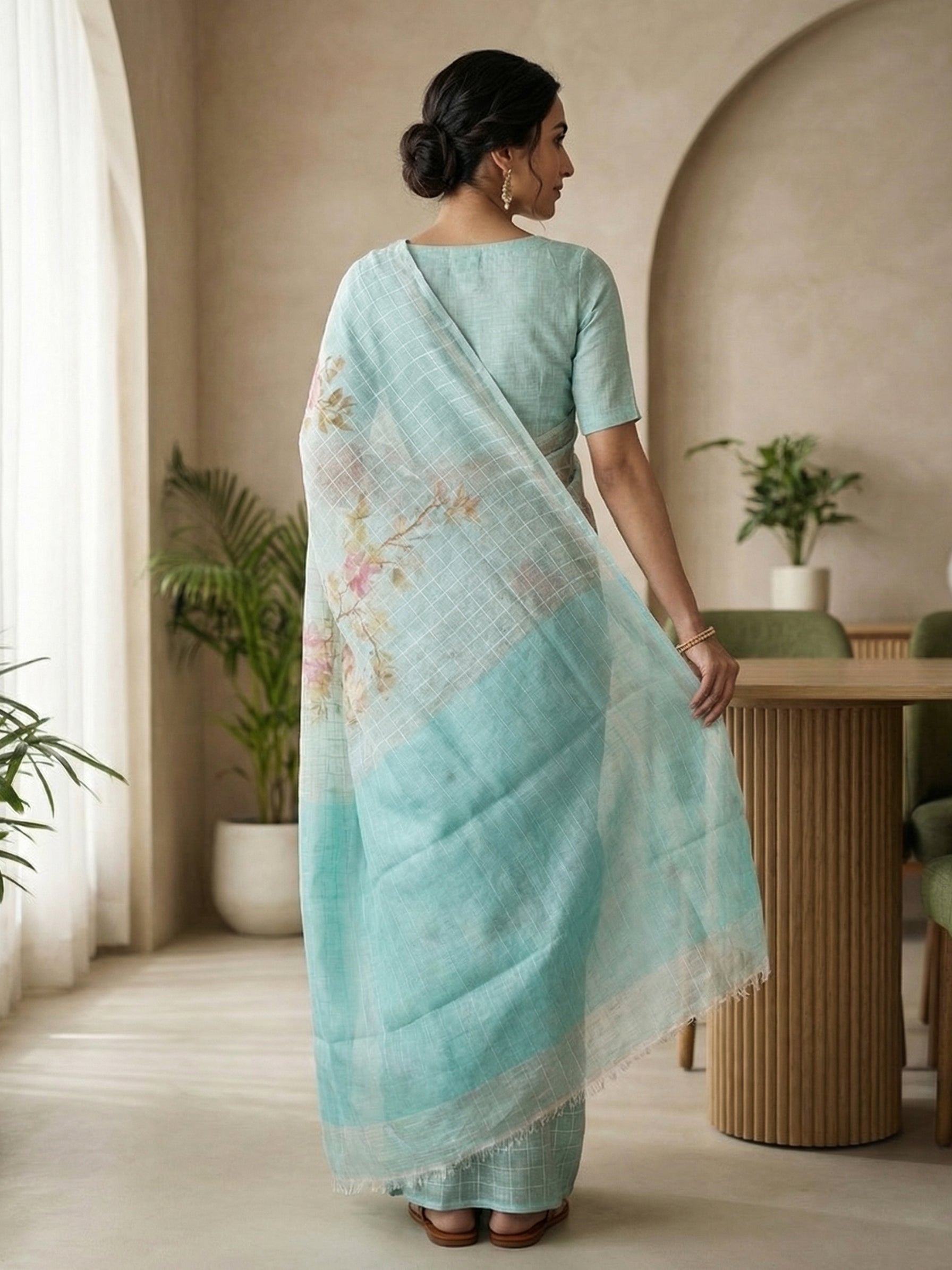 Linen Sea Green Floral Printed Saree