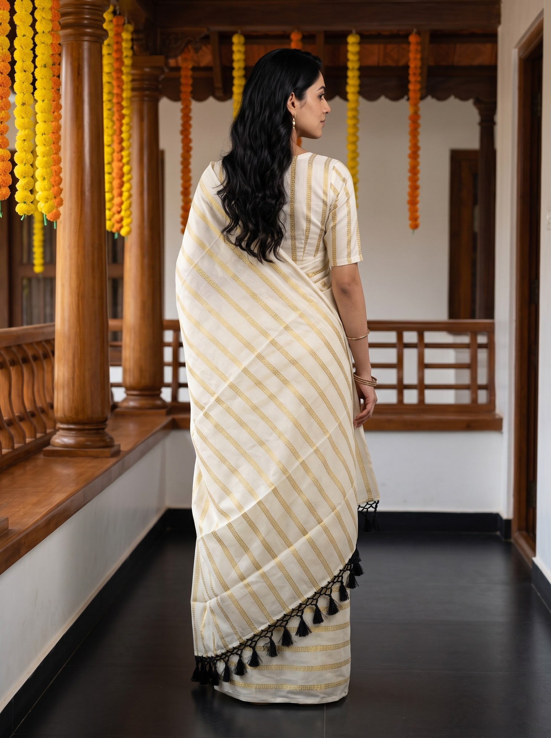 Cotton Cream Golden Greek Key Stripe with Black Tassels Onam Special Kerala Saree