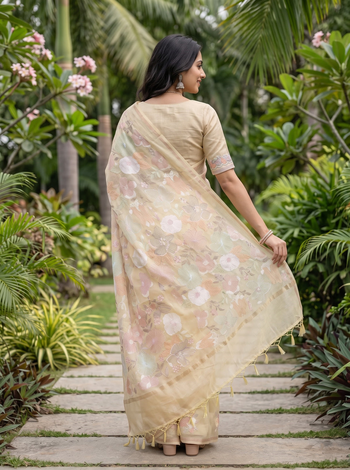 Mul Chanderi Lemon Yellow Pastel Floral Embroidery Pinstripe Pallu