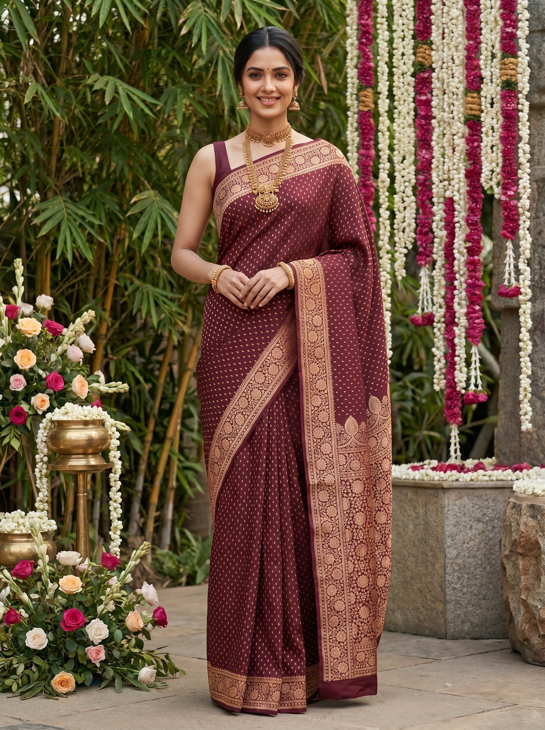 Woman in a maroon saree with gold patterns standing in a decorated outdoor setting.