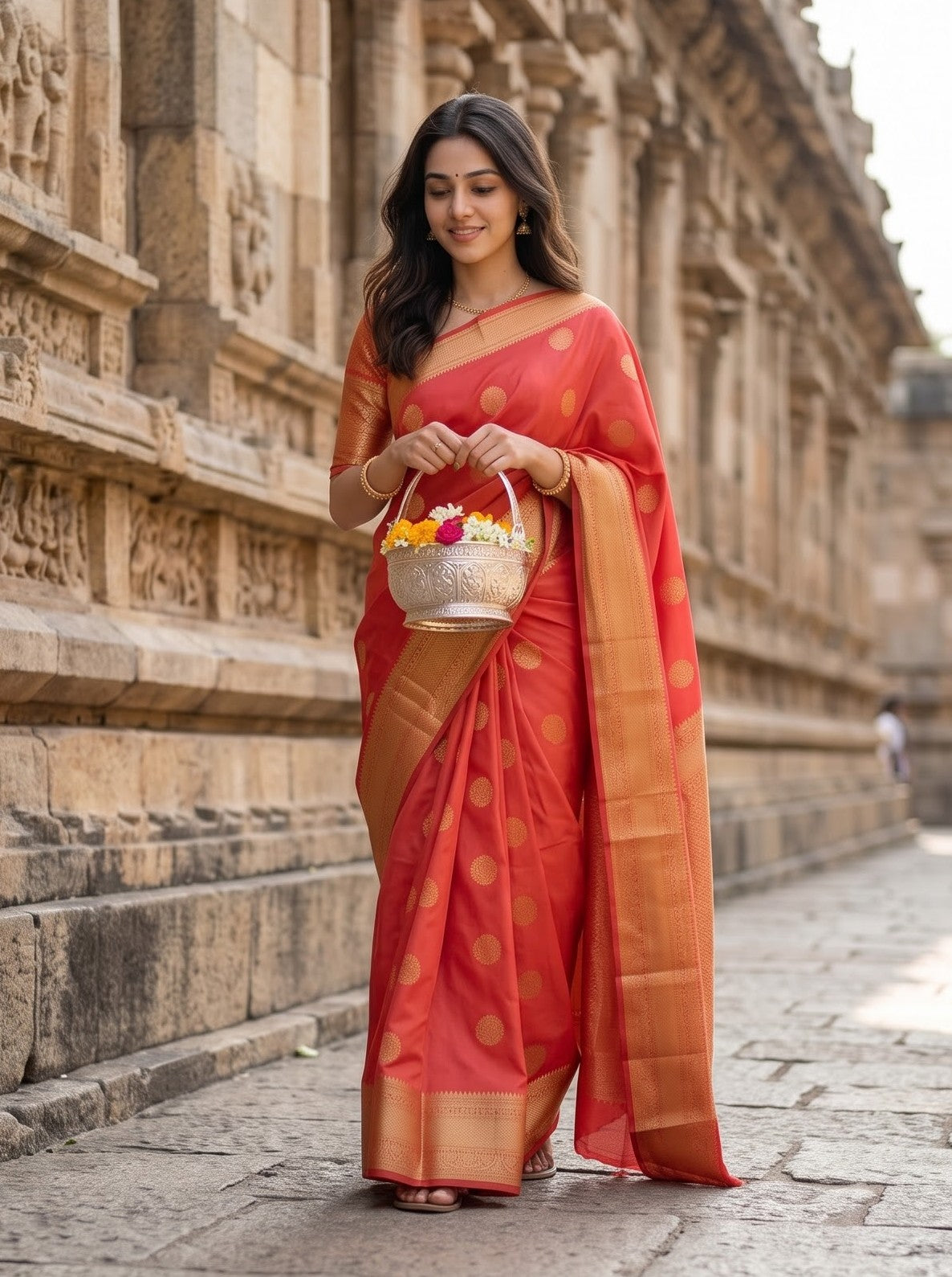 Semi Silk Red Saree Full Zari Pallu with Peacock Butta Body