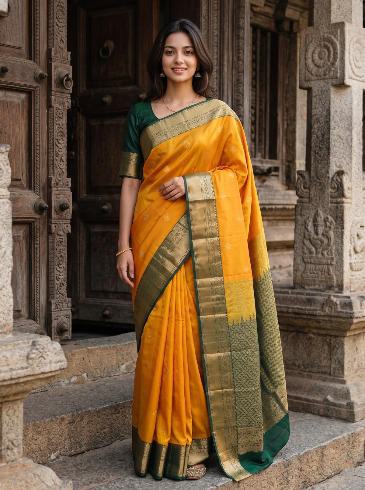 Semi Silk Mustard Saree with Contrast Green Zari Pallu and Wide Border