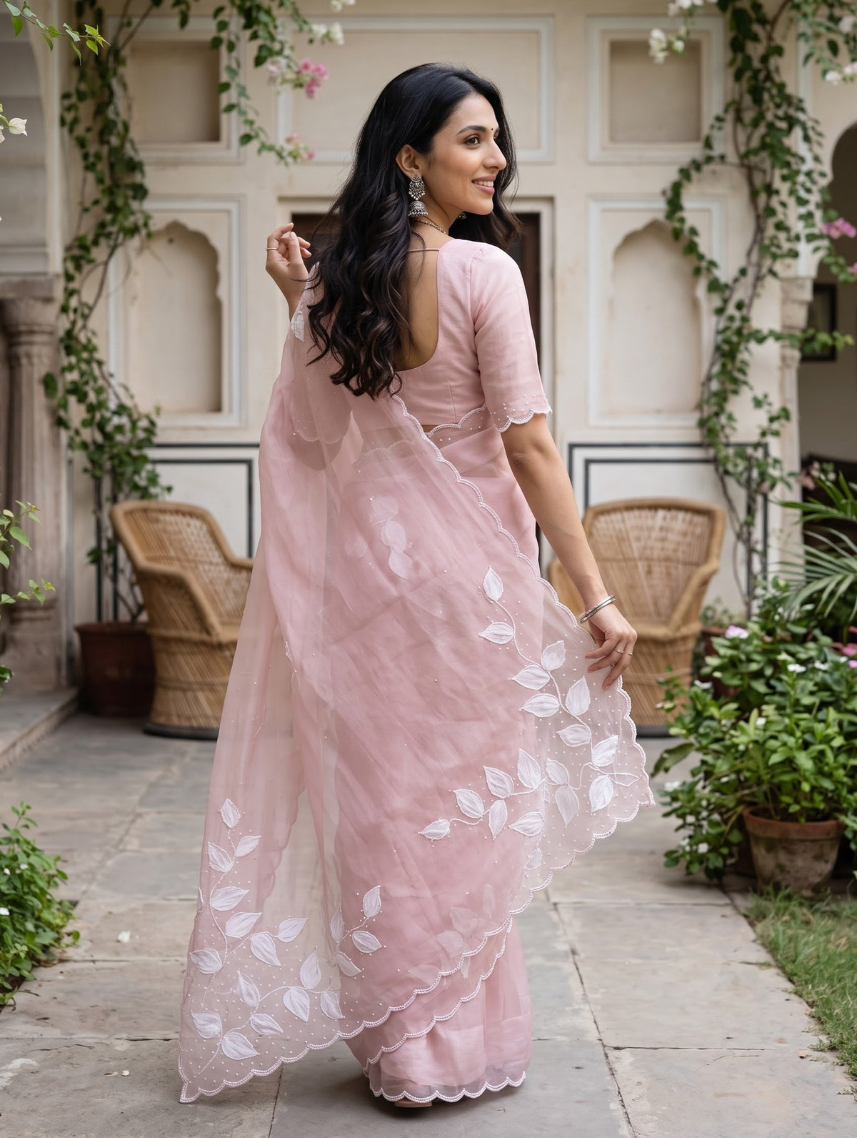 Organza Baby Pink 3D Leaf Applique Beaded Pallu Saree with Scalloped Border