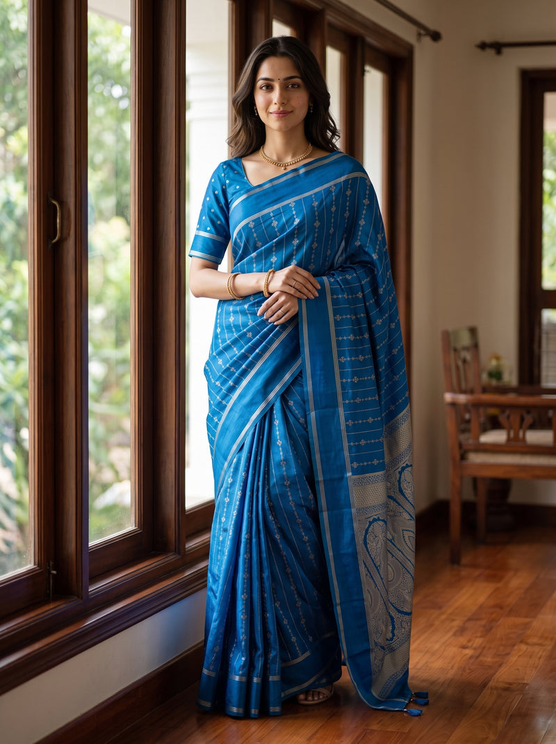 A woman wearing a blue silk saree with gold zari patterns and a silver border, standing in a room with wooden floors and large windows.