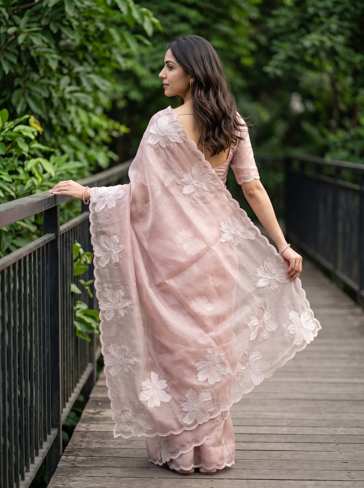 Tissue Silk Mauve Saree with Scattered Magnolia Flower Embroidery