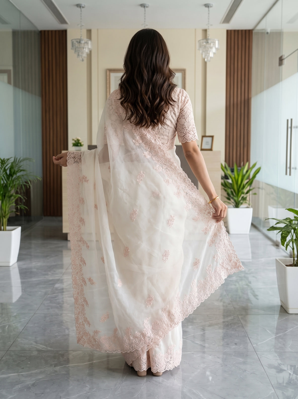 Organza White Saree with Scattered Floral Motifs and Scalloped Edge
