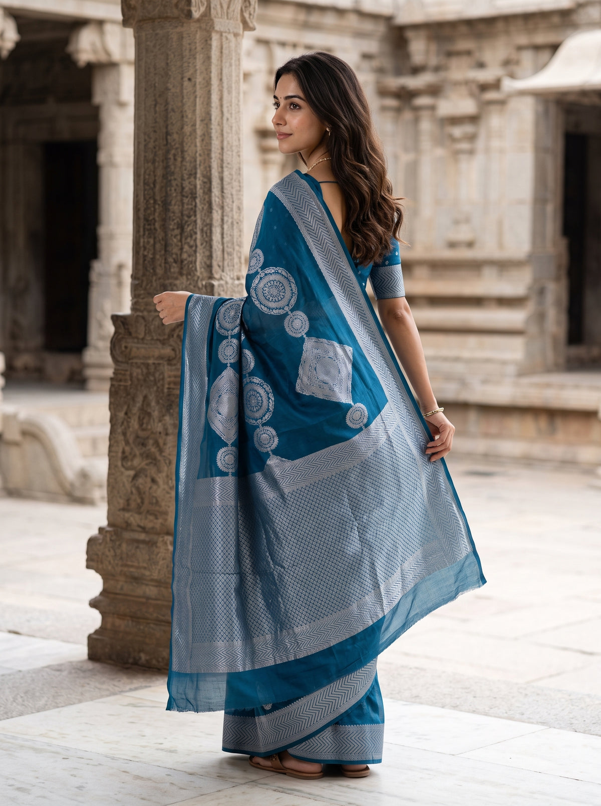 Banarasi Silk Teal Blue Saree with Silver Diamond Motifs