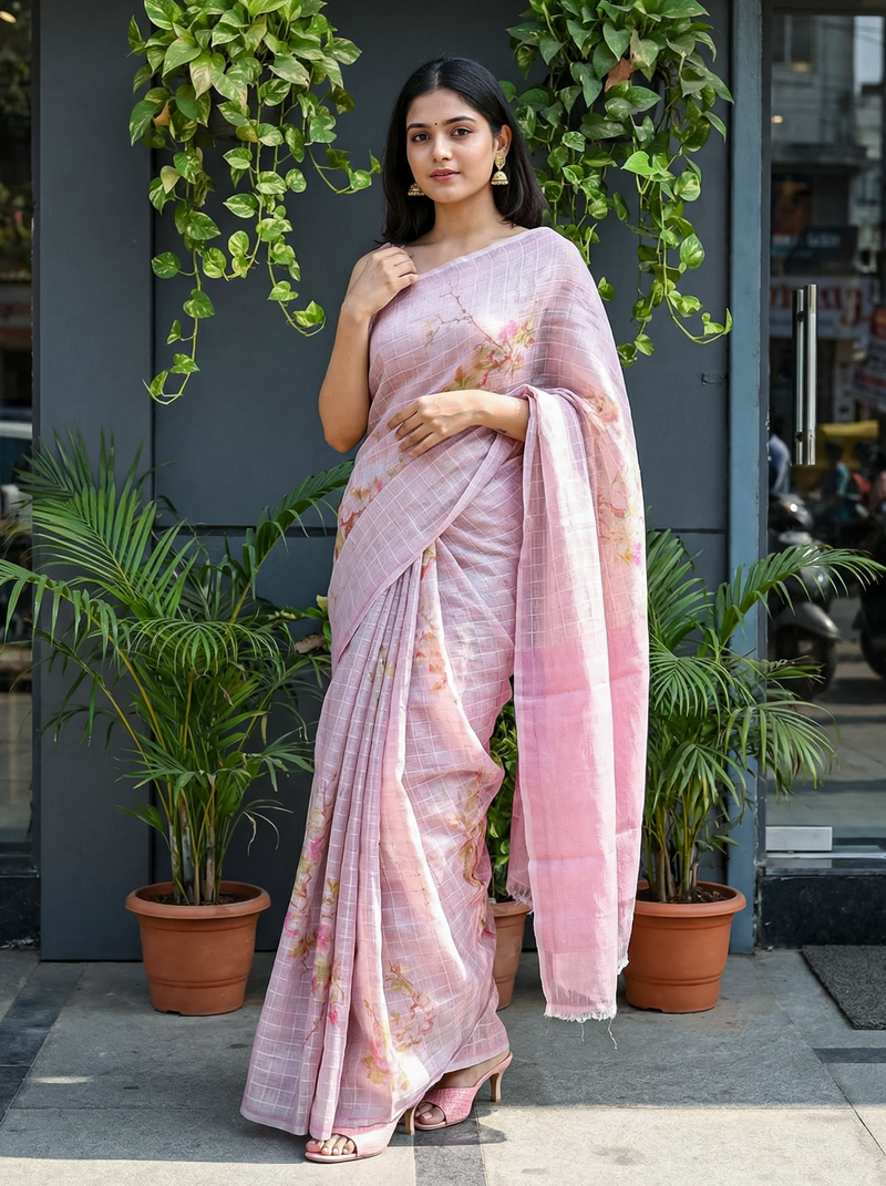 Woman in a light pink saree standing outdoors with plants in the background