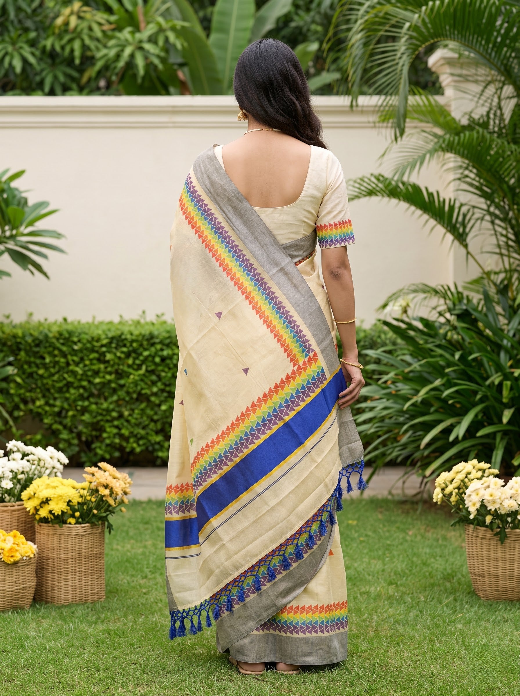 Tissue Cream Rainbow Triangle Print with Grey Border Onam Festive Kerala Saree