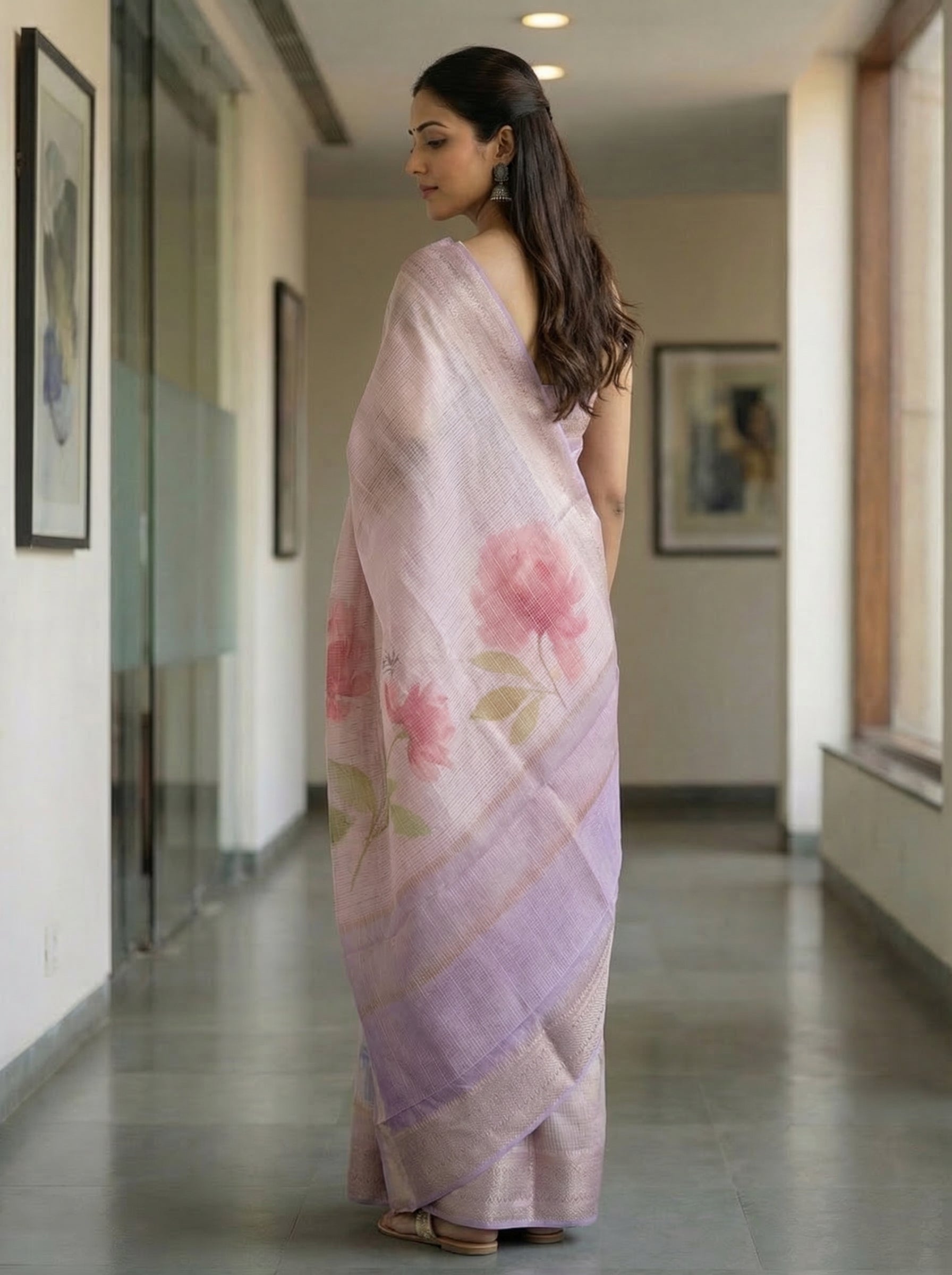 Linen Pastel Pink Floral Printed Saree