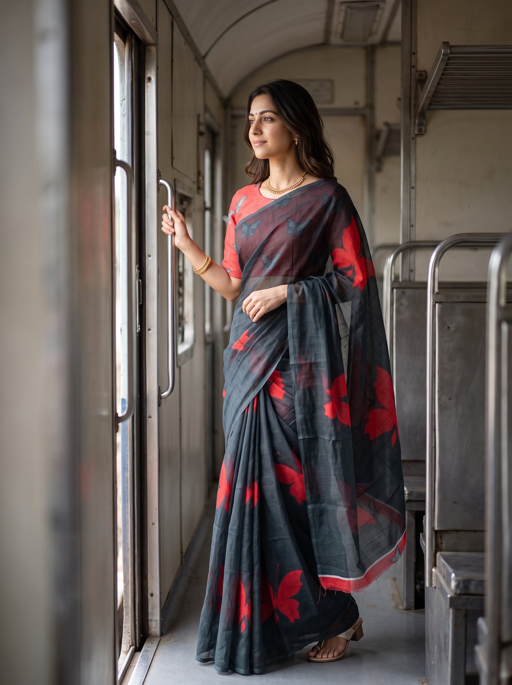 A woman wearing a dark gray saree with red floral patterns and a red blouse stands by the window of a train.